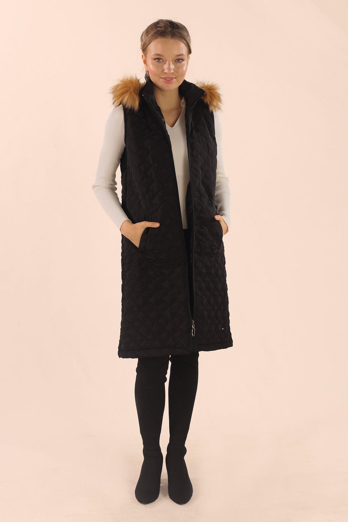 Siyah Kürk Detay Kapitone Yelek 9523 - 7