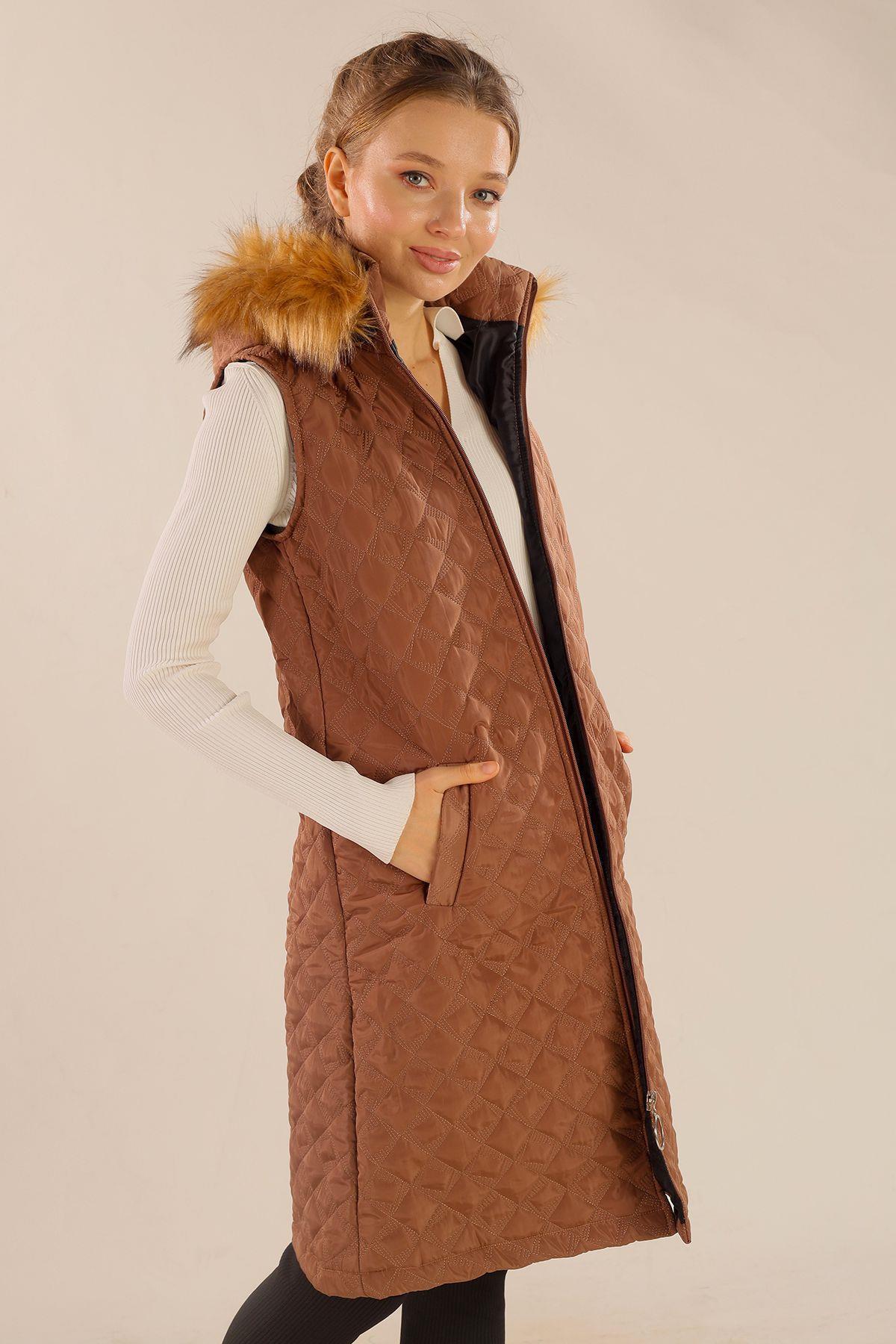 9523 Kürk Detay Kapitone Yelek Taba 