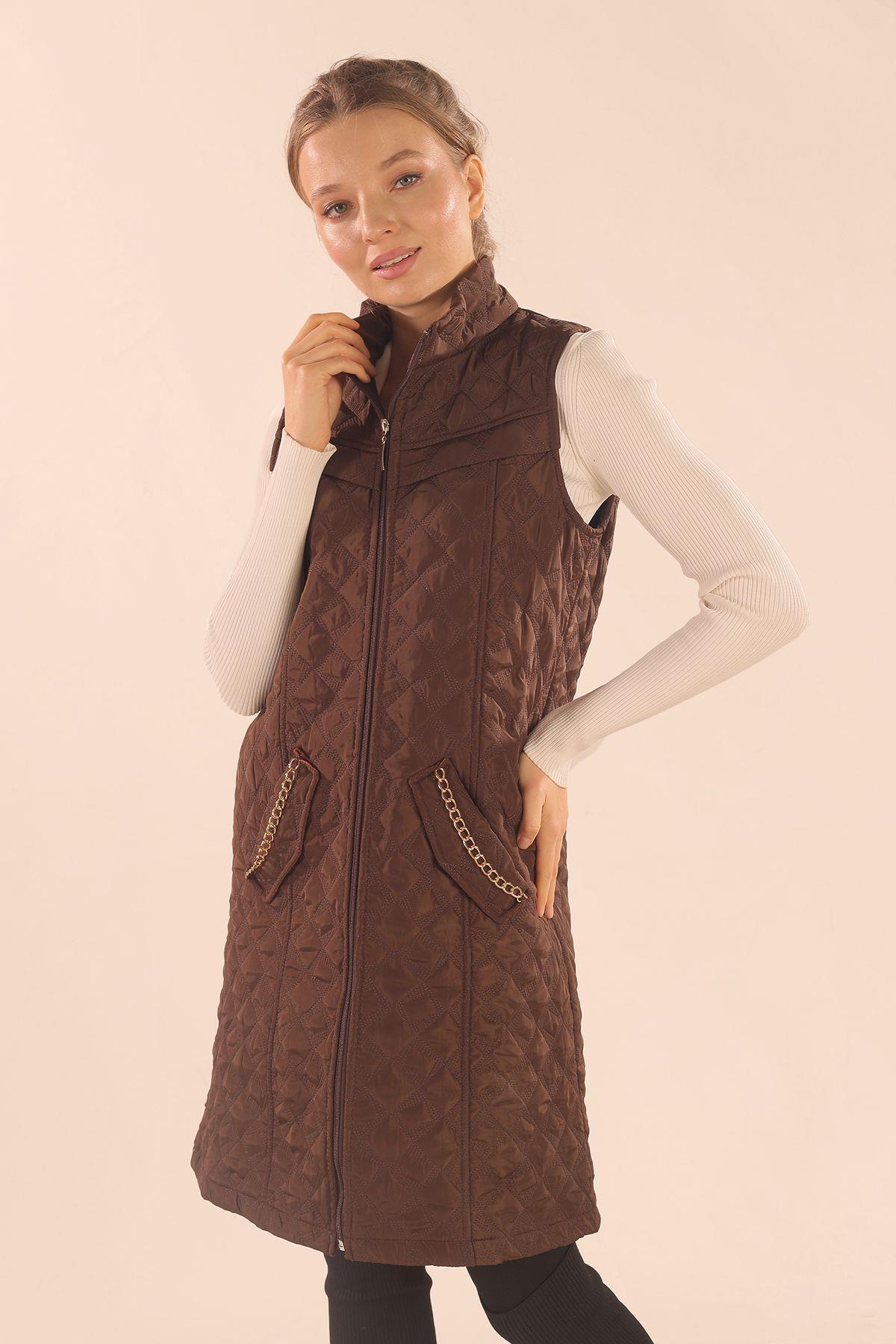 Kahve Cep Zincir Detay Yelek 9525 - 3