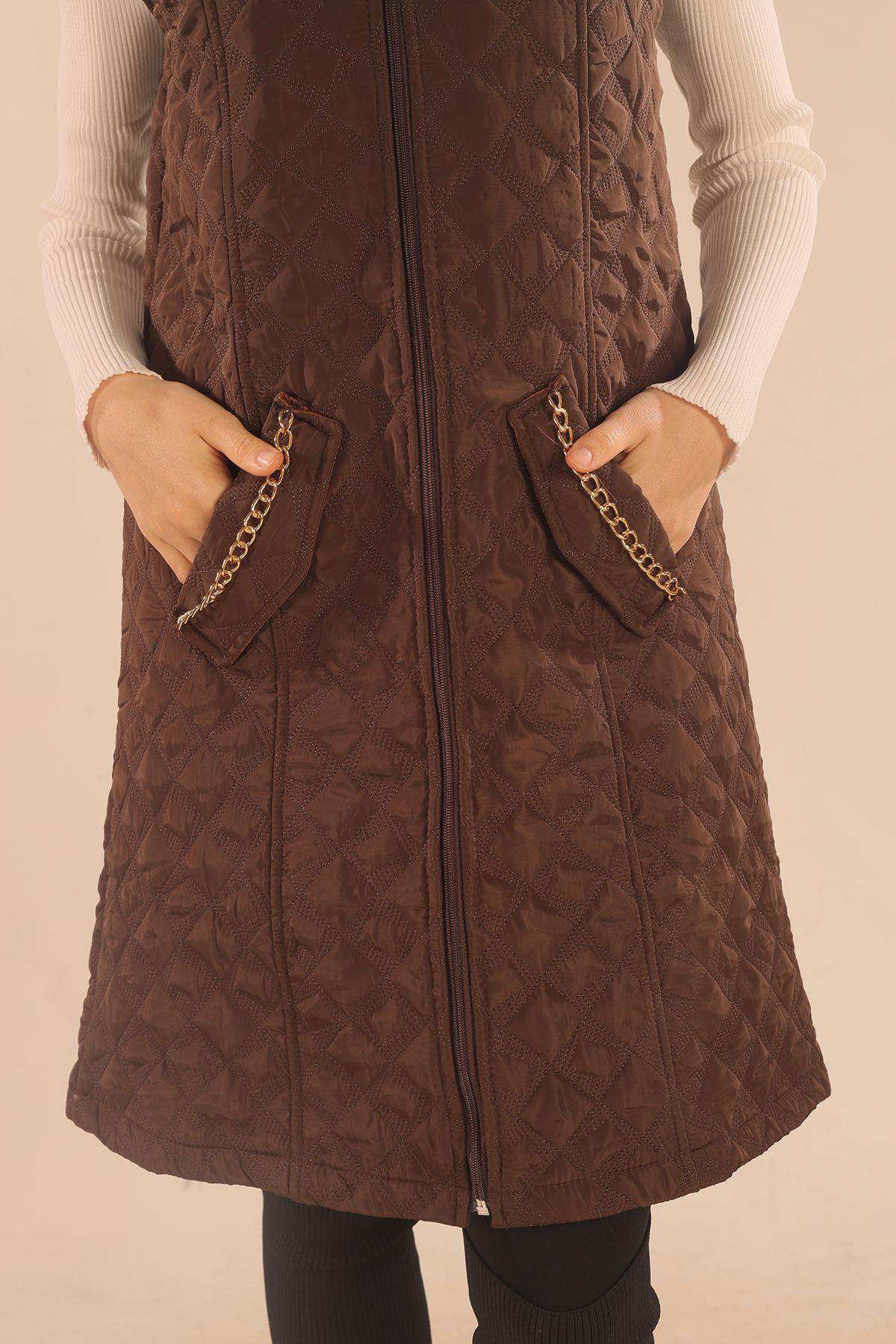 9525 Cep Zincir Detay Yelek Kahve - 5