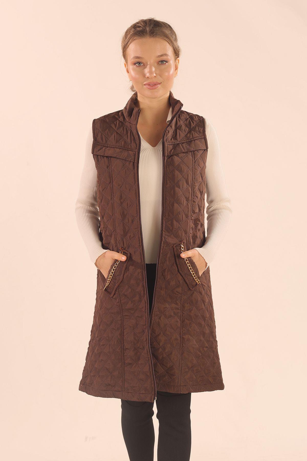 Kahve Cep Zincir Detay Yelek 9525 