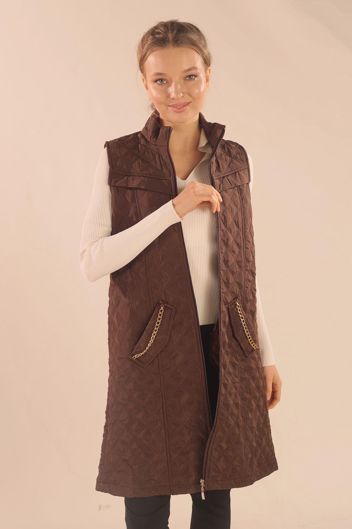 Kahve Cep Zincir Detay Yelek 9525 - 2