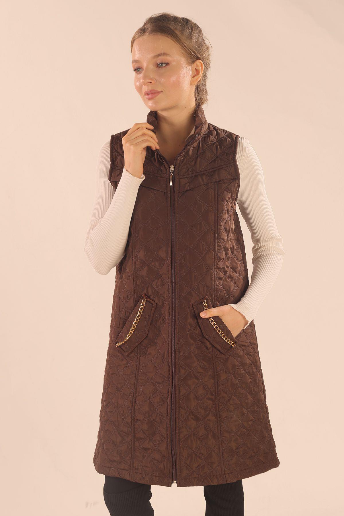 Kahve Cep Zincir Detay Yelek 9525 - 4