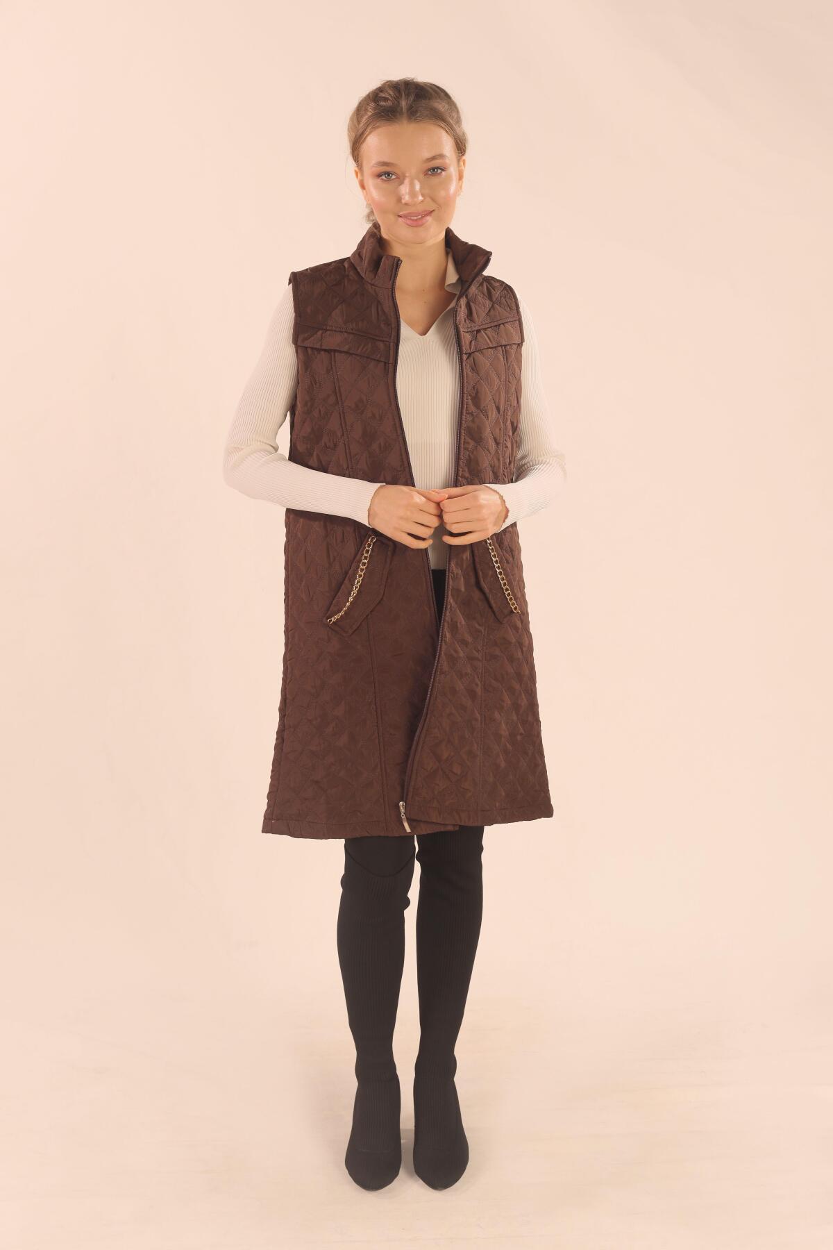 Kahve Cep Zincir Detay Yelek 9525 - 7