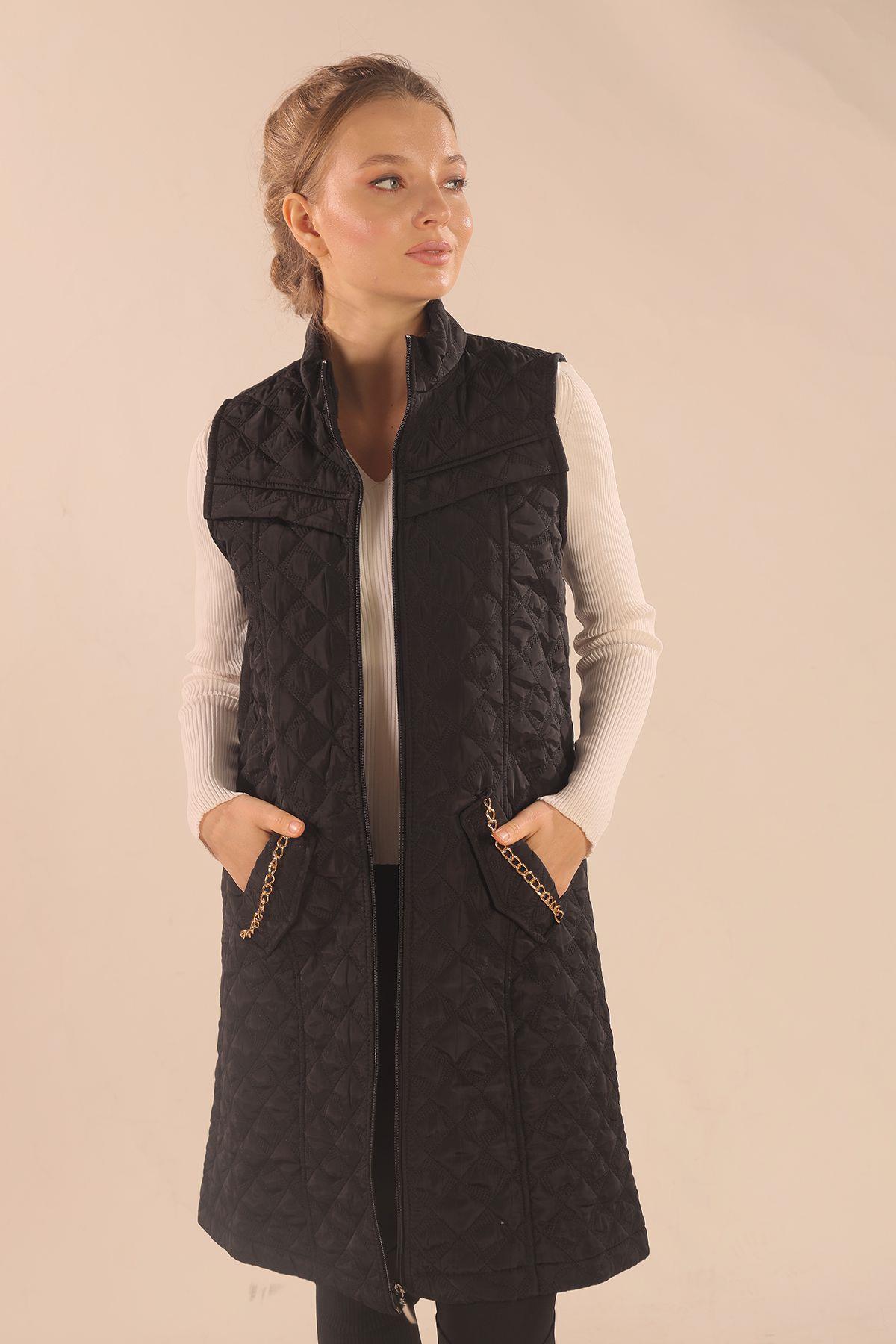 Siyah Cep Zincir Detay Yelek 9525 - 1
