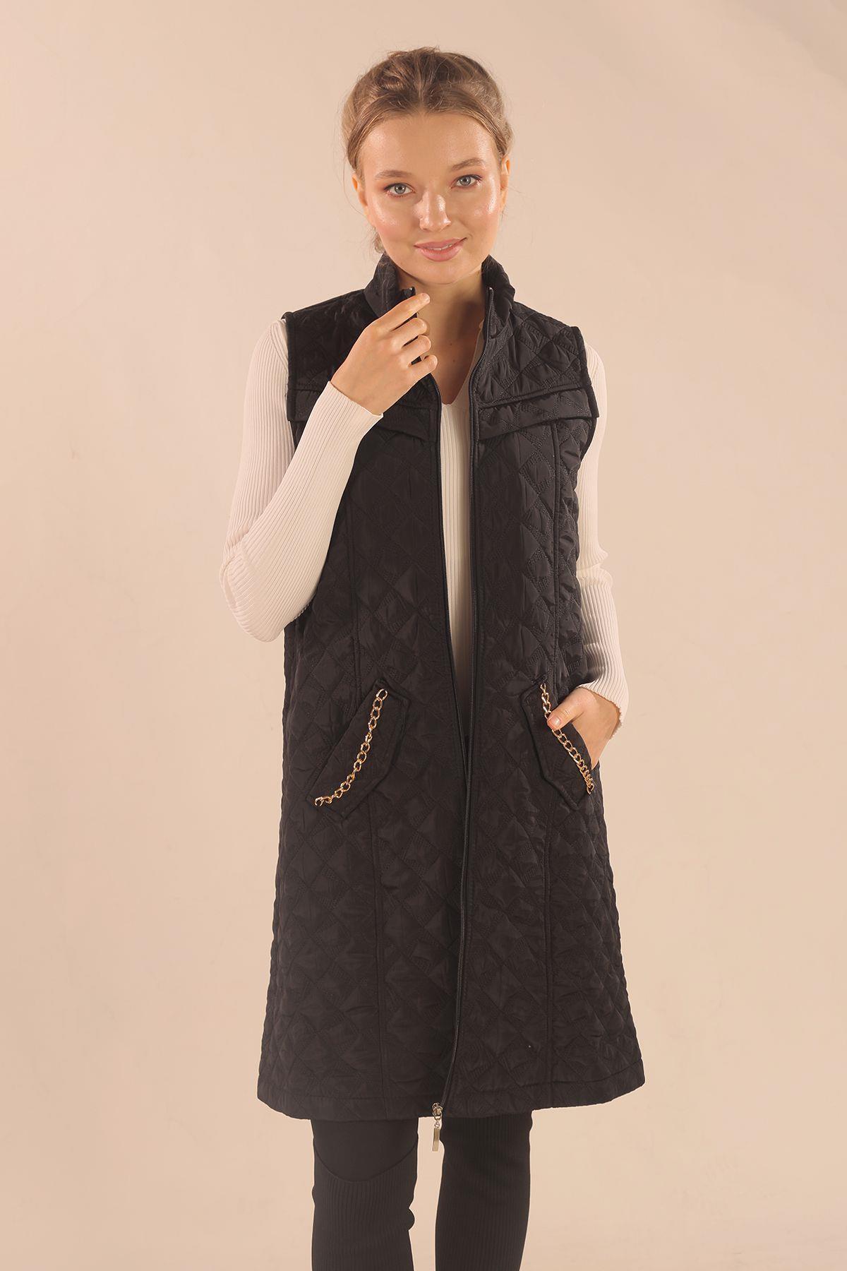 Siyah Cep Zincir Detay Yelek 9525 - 2