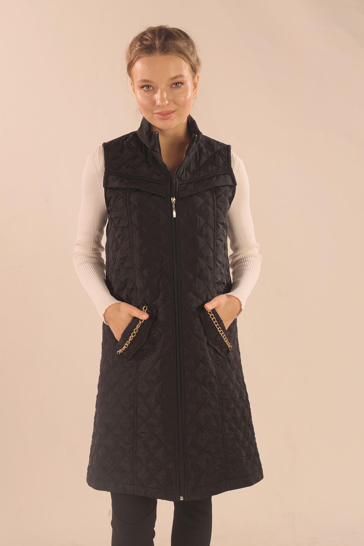 Siyah Cep Zincir Detay Yelek 9525 - 3