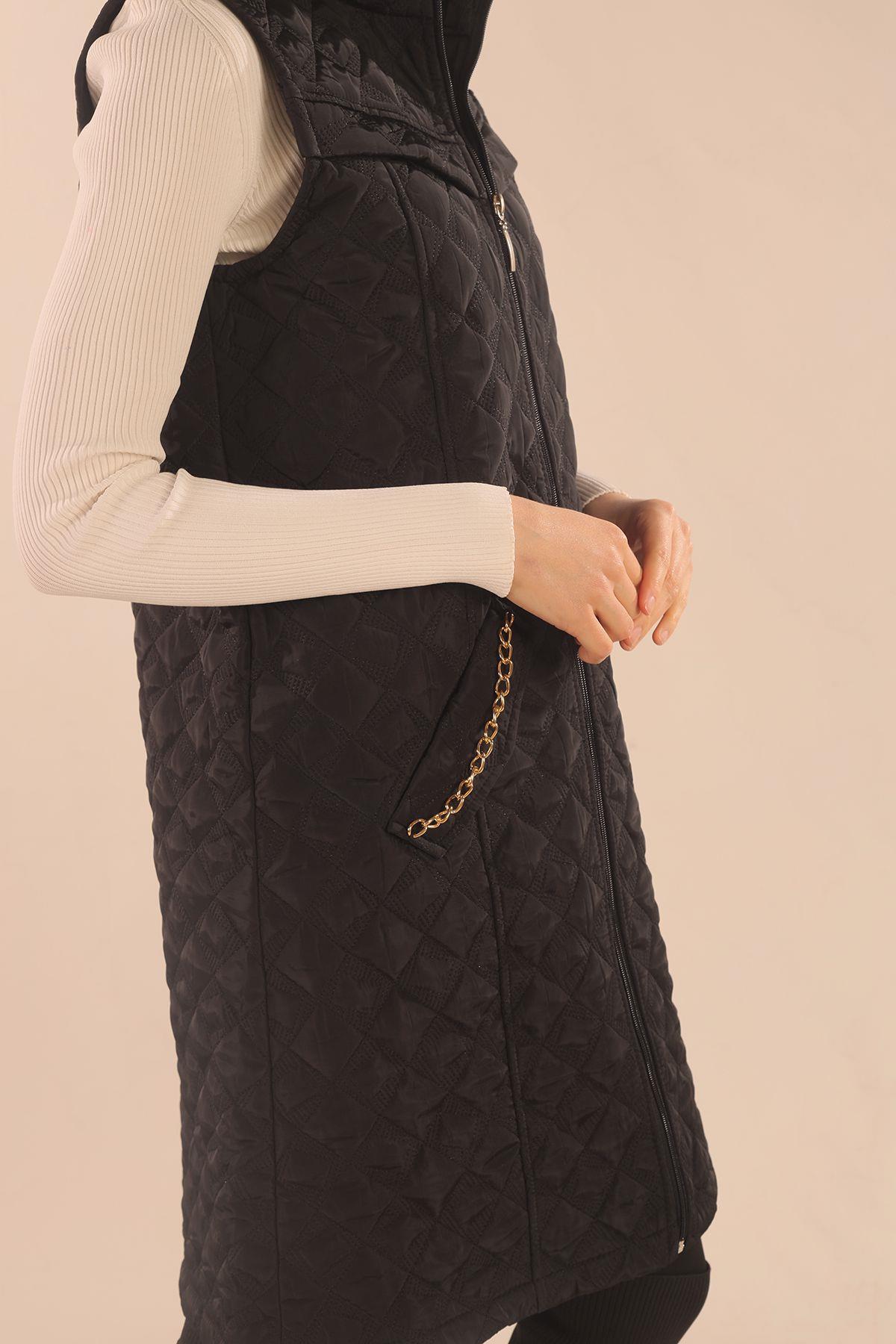 Siyah Cep Zincir Detay Yelek 9525 - 4