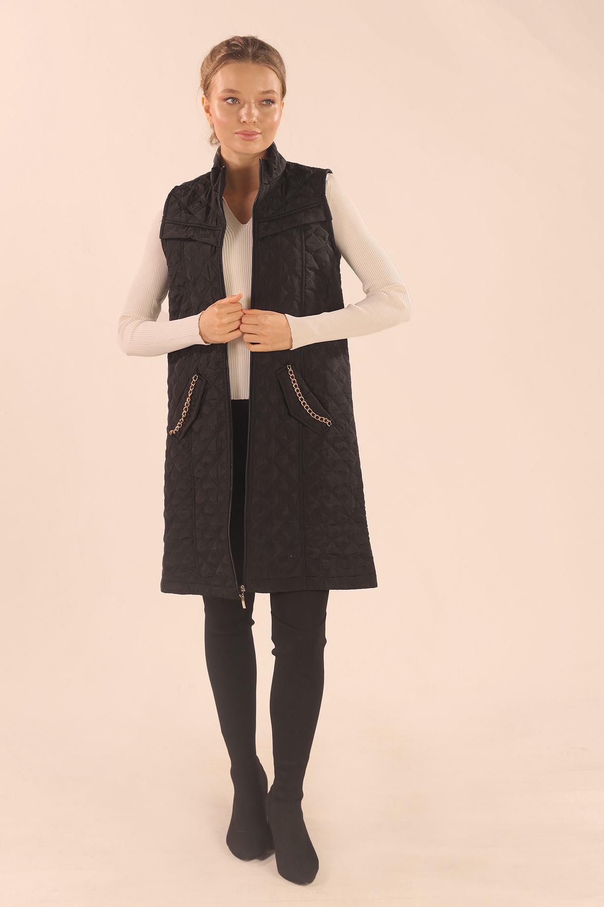 Siyah Cep Zincir Detay Yelek 9525 - 5