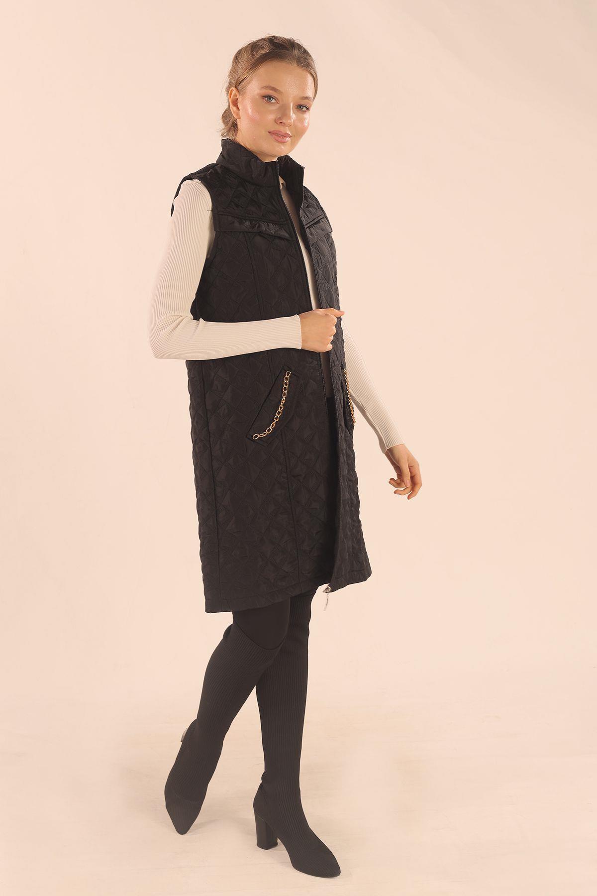 Siyah Cep Zincir Detay Yelek 9525 - 6