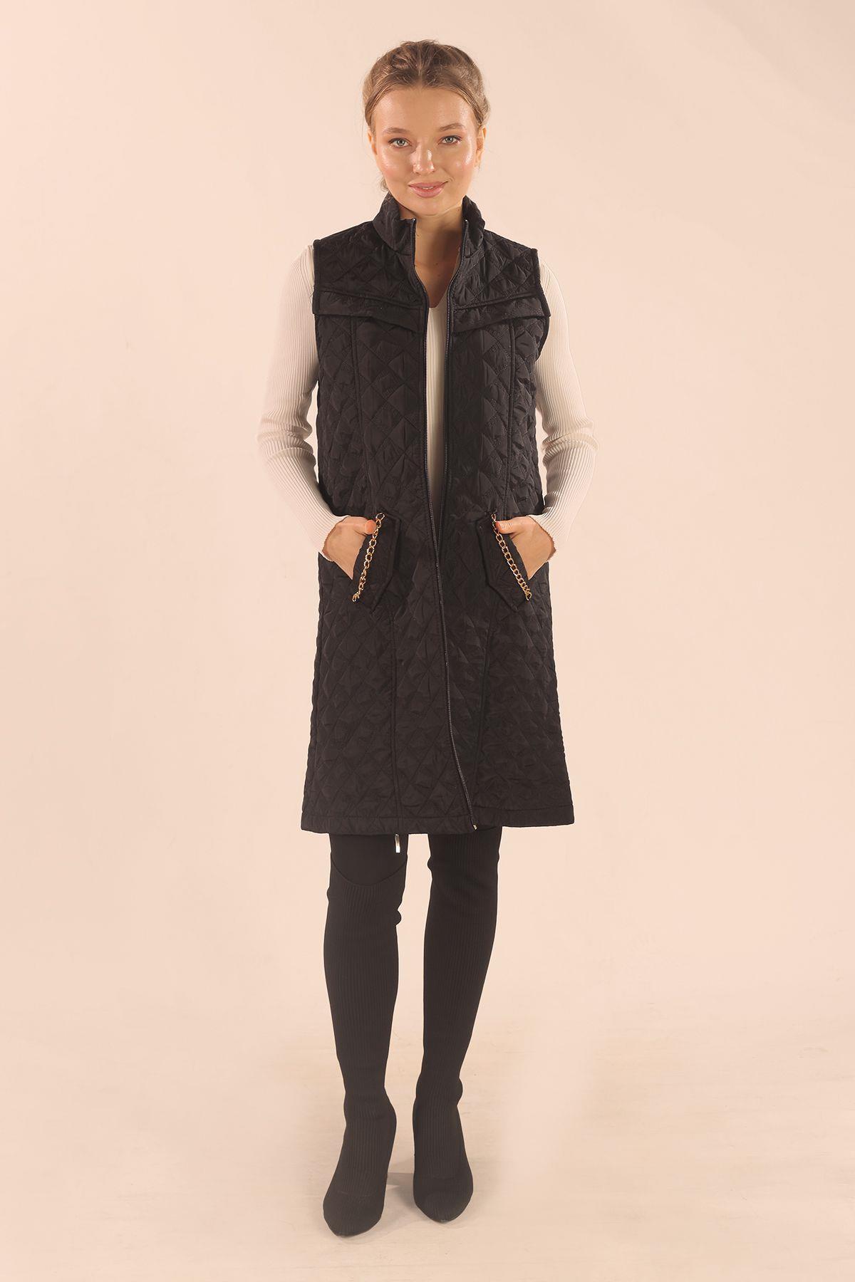 Siyah Cep Zincir Detay Yelek 9525 - 7