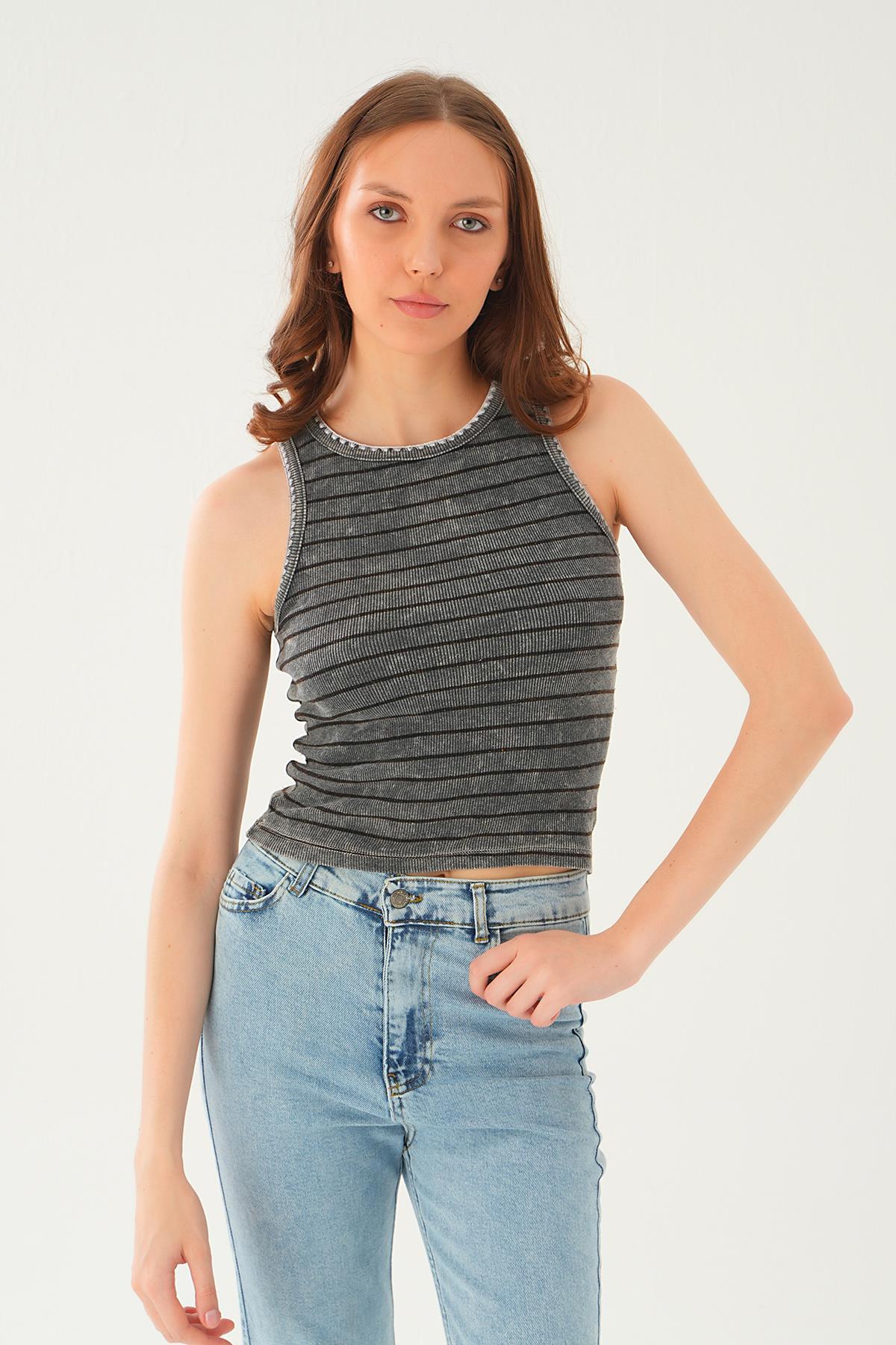 Antrasit Çizgili Yıkamalı Atlet 966-1 