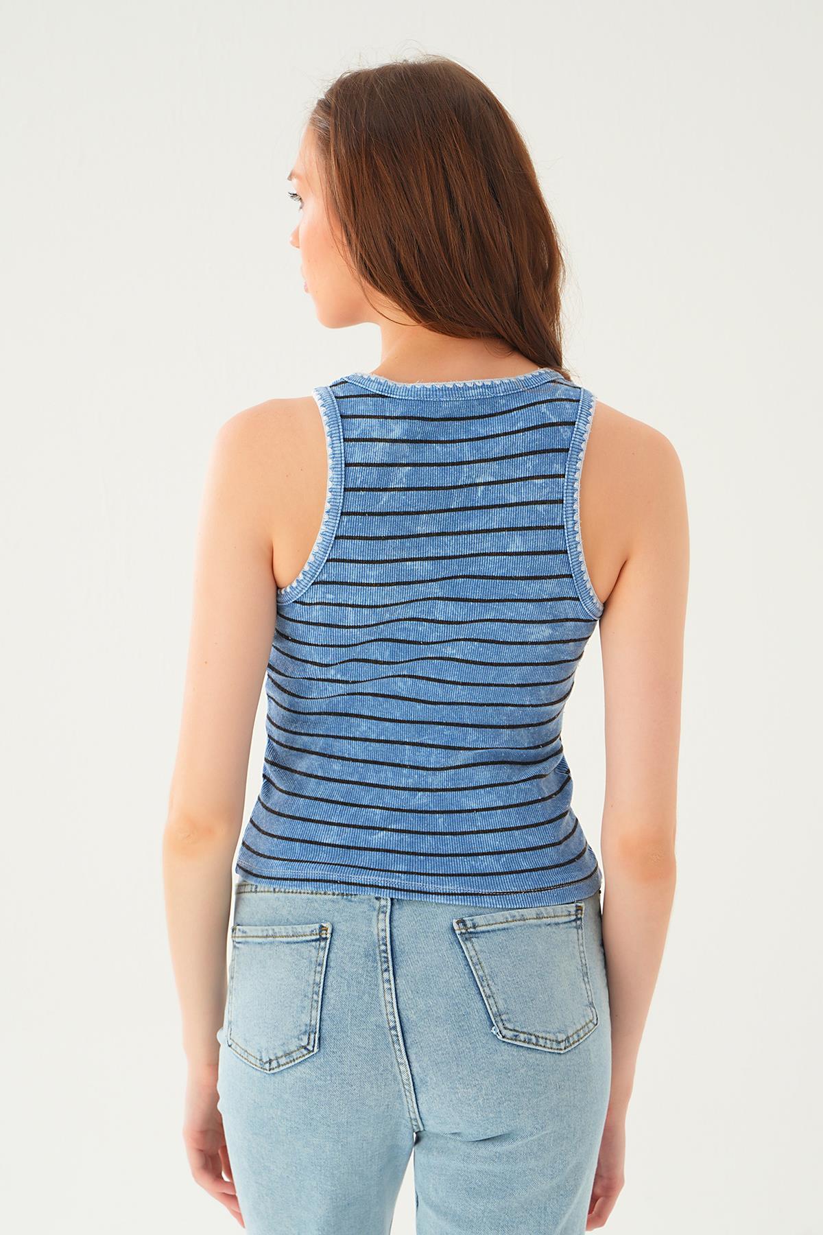Mavi Çizgili Yıkamalı Atlet 966-1 - 5