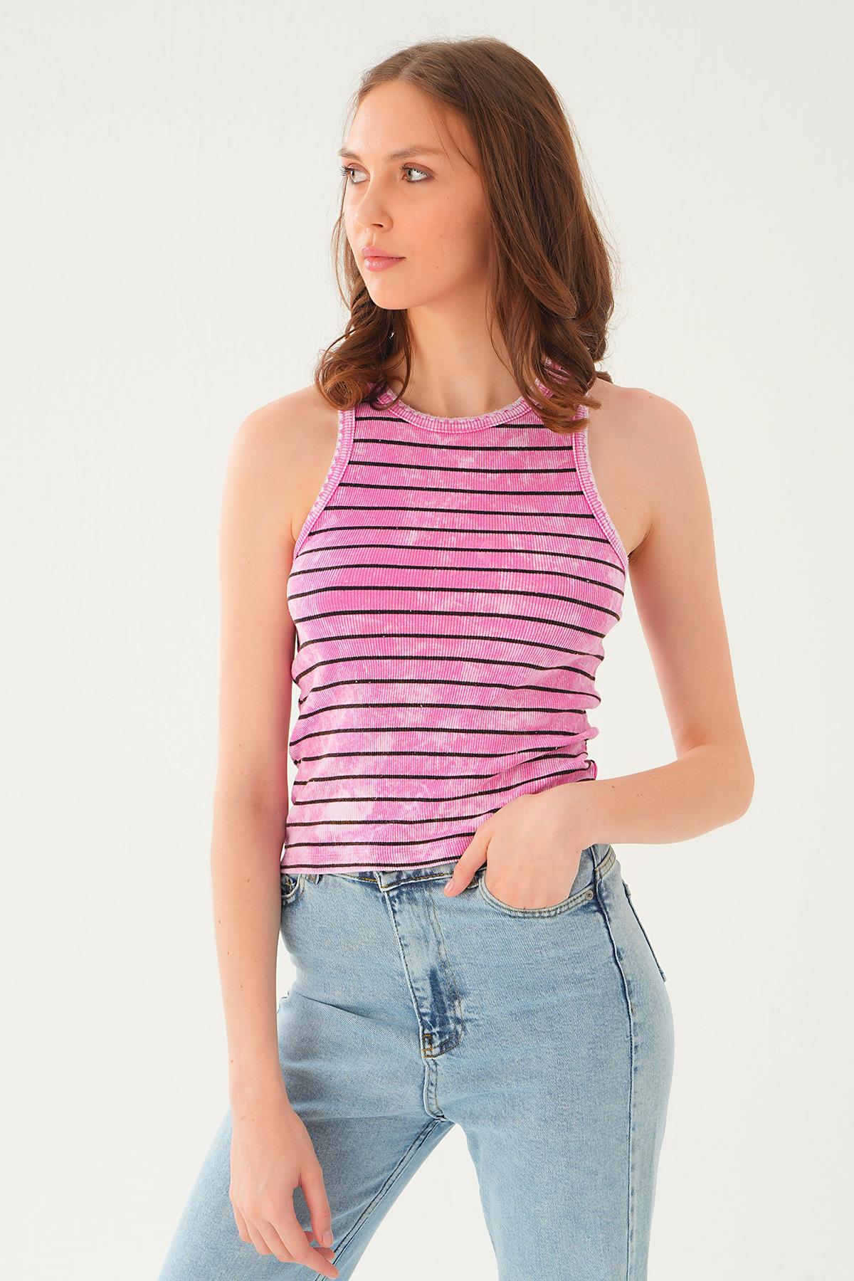 Pembe Çizgili Yıkamalı Atlet 966-1 - 3