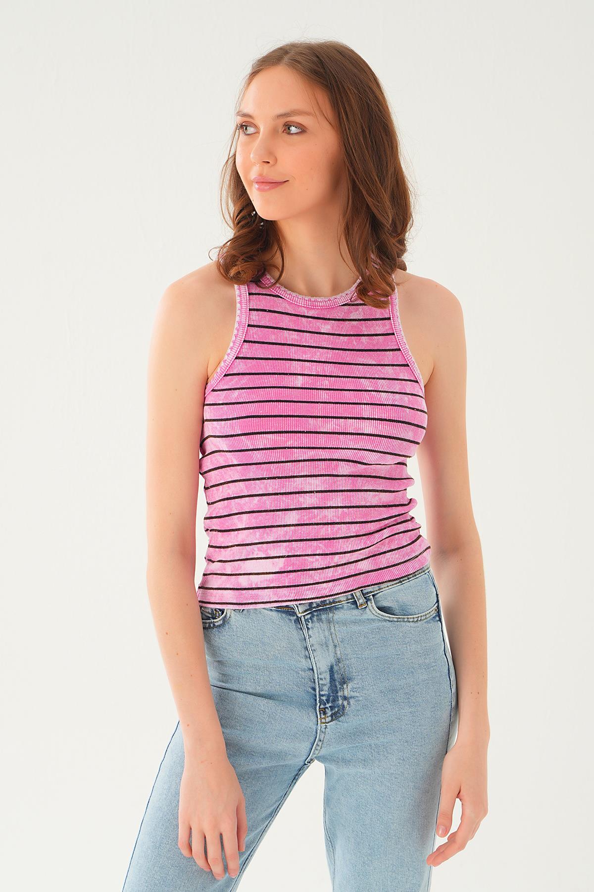Pembe Çizgili Yıkamalı Atlet 966-1 - 4