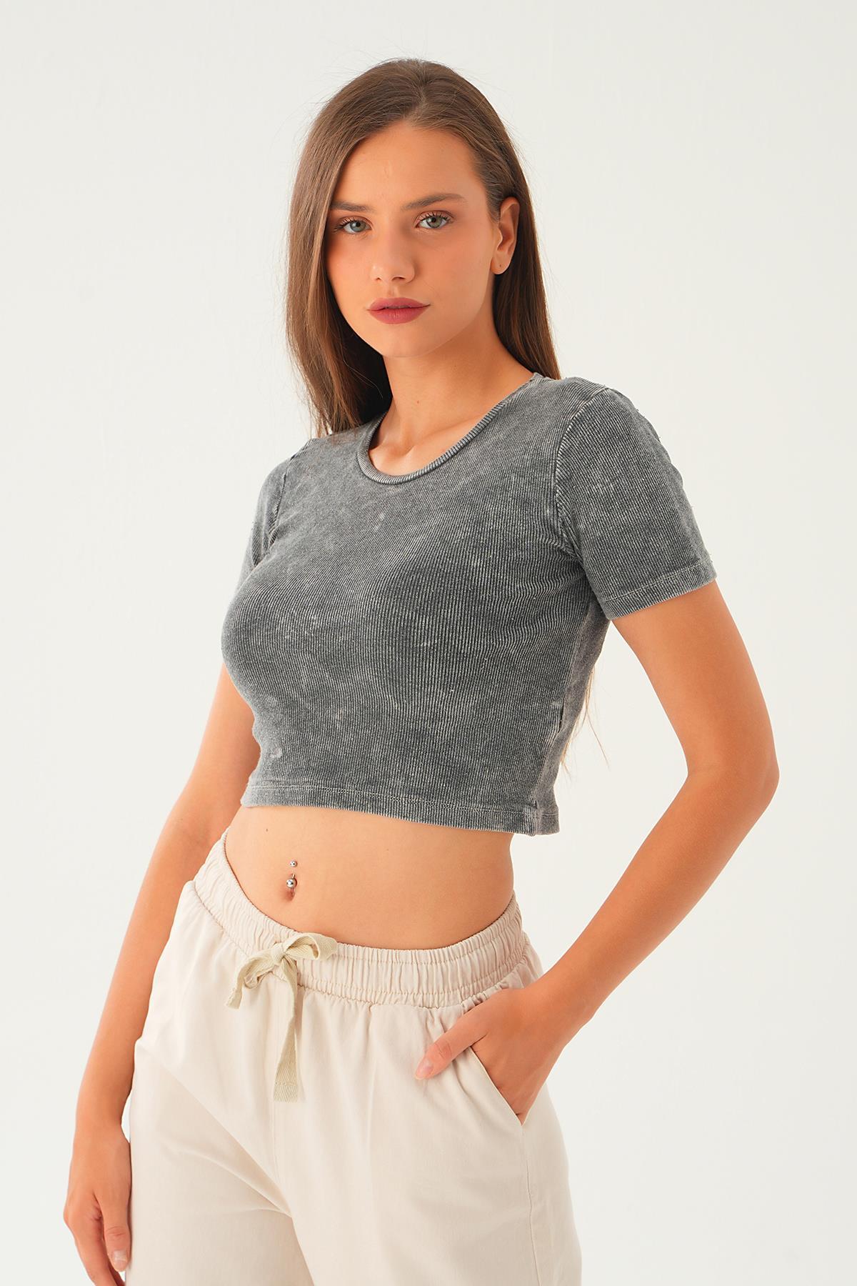 Antrasit Kısa Kol Yıkamalı Tişört 967 - 6