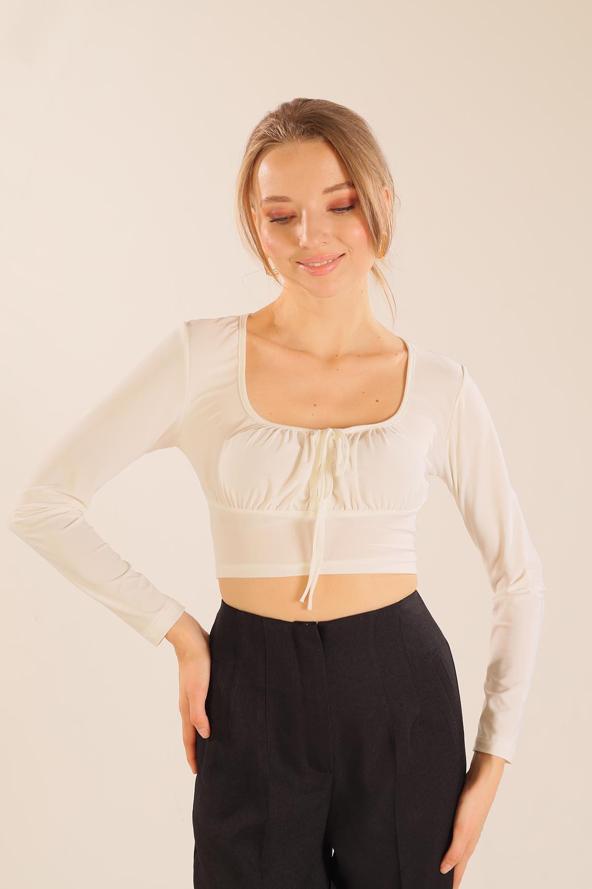 9900 Ön Bağlama Detay Bluz Beyaz - 4