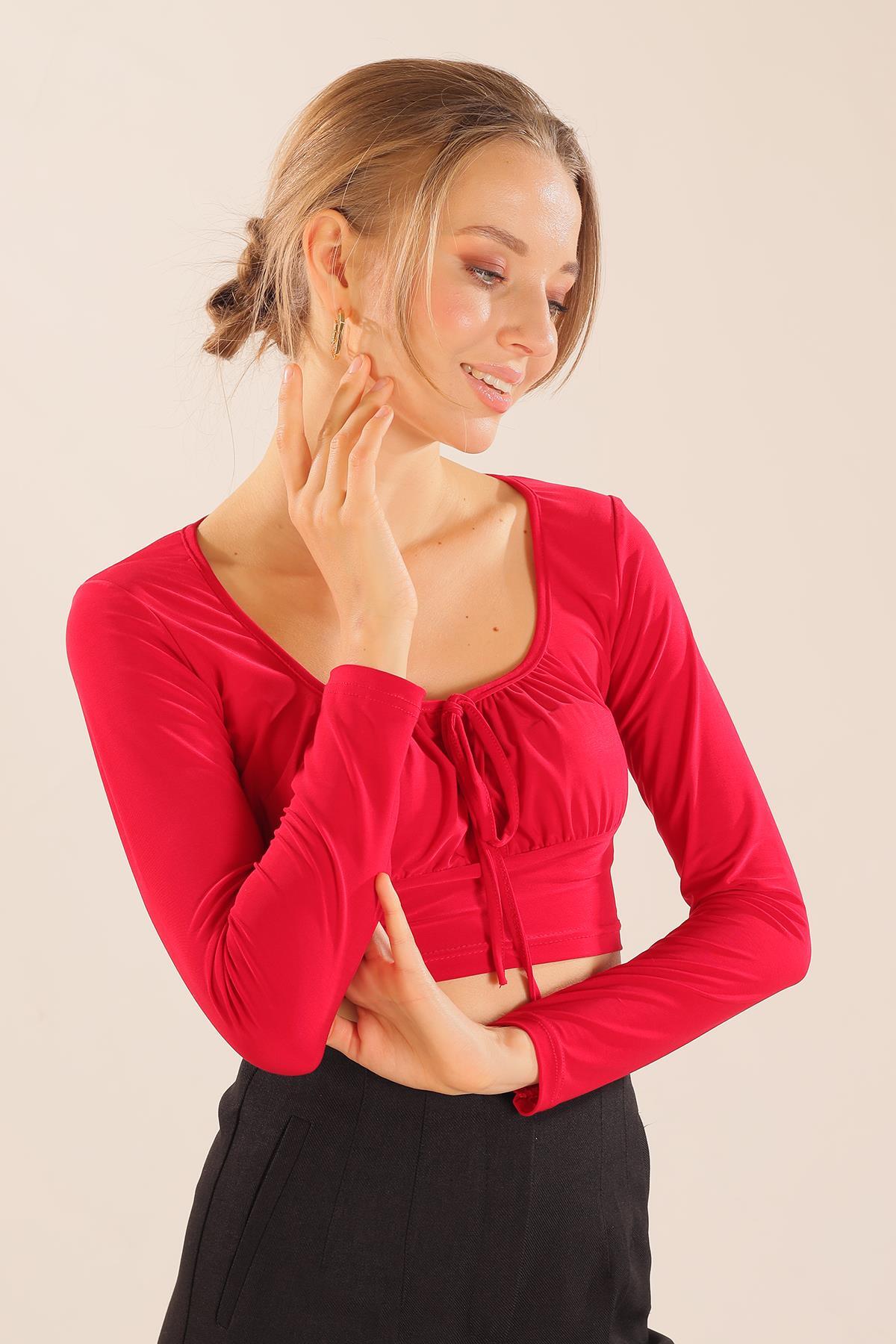 9900 Ön Bağlama Detay Bluz Kırmızı - 3