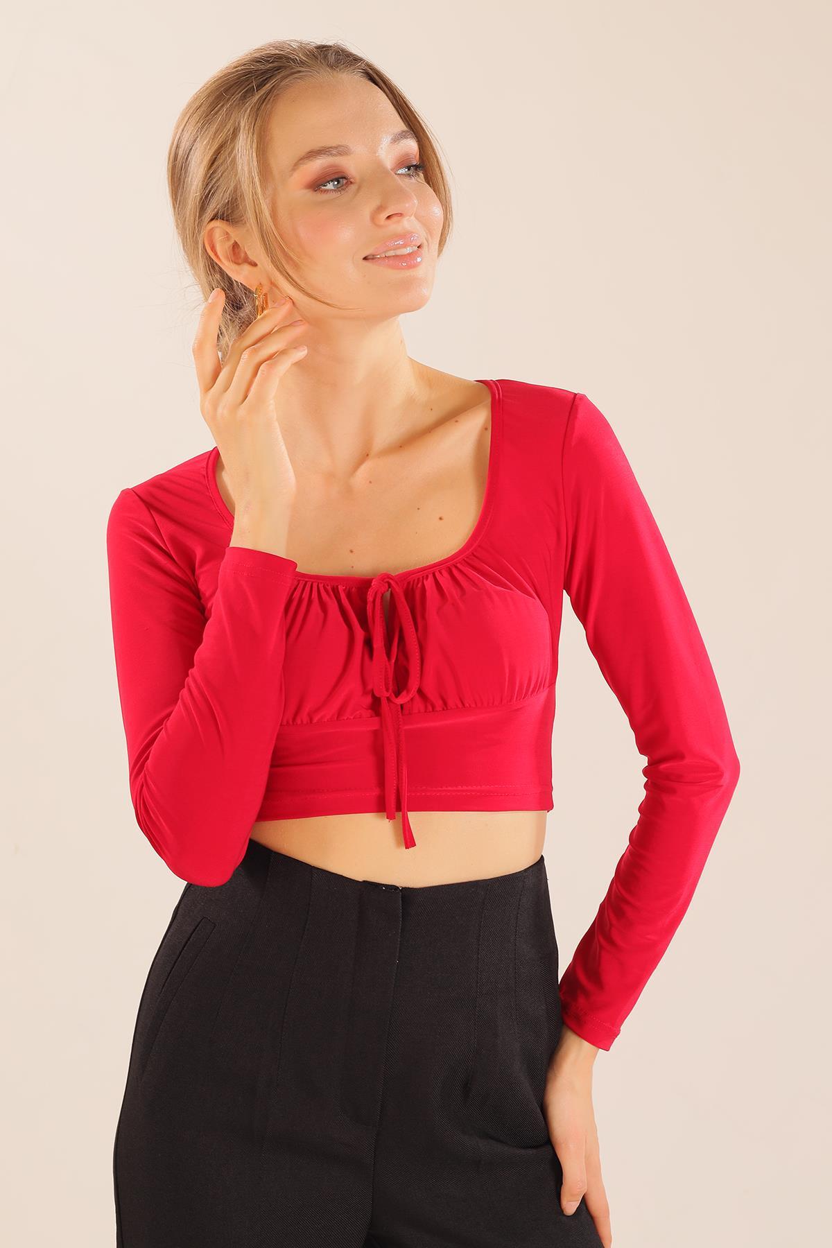 9900 Ön Bağlama Detay Bluz Kırmızı - 4