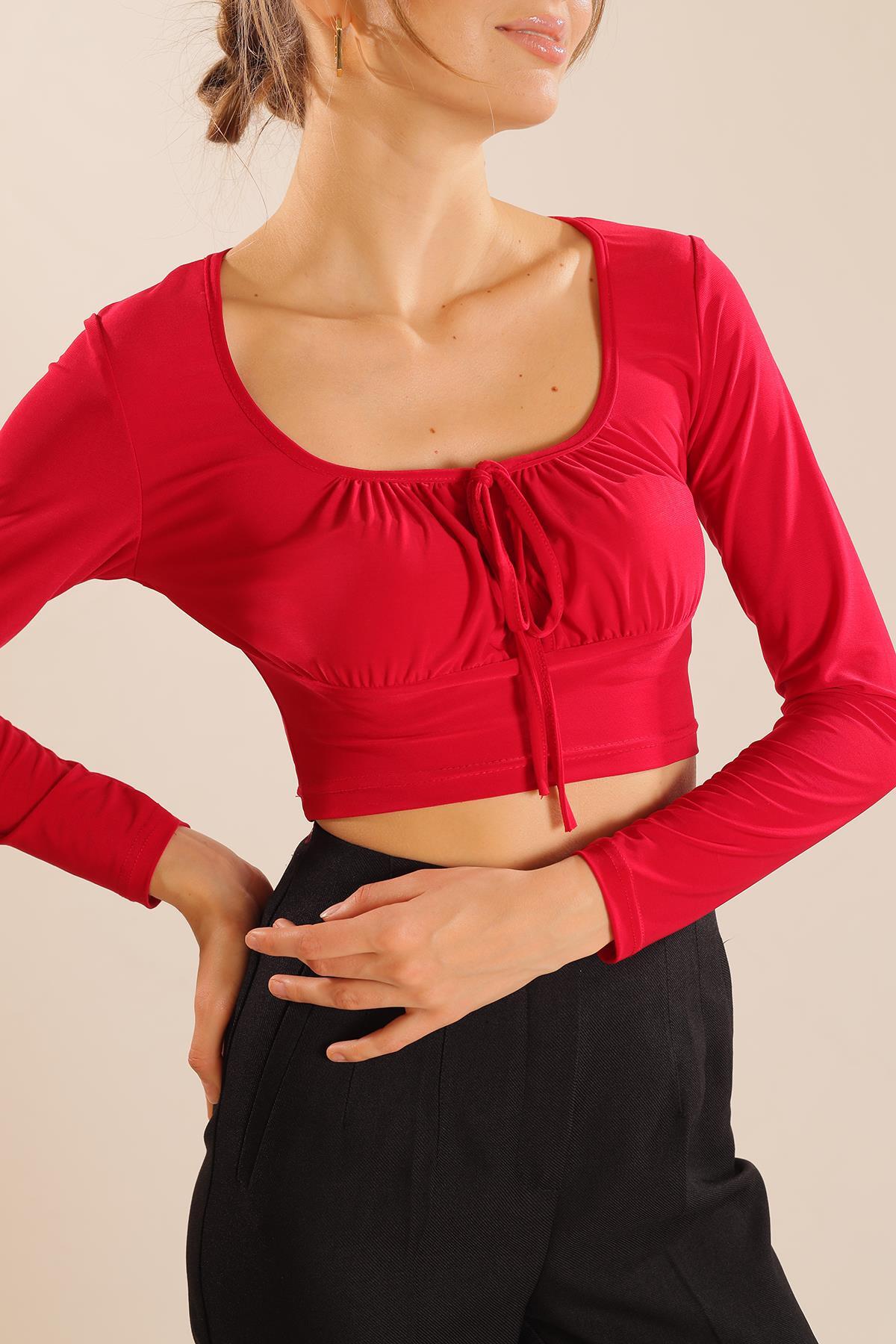9900 Ön Bağlama Detay Bluz Kırmızı - 5