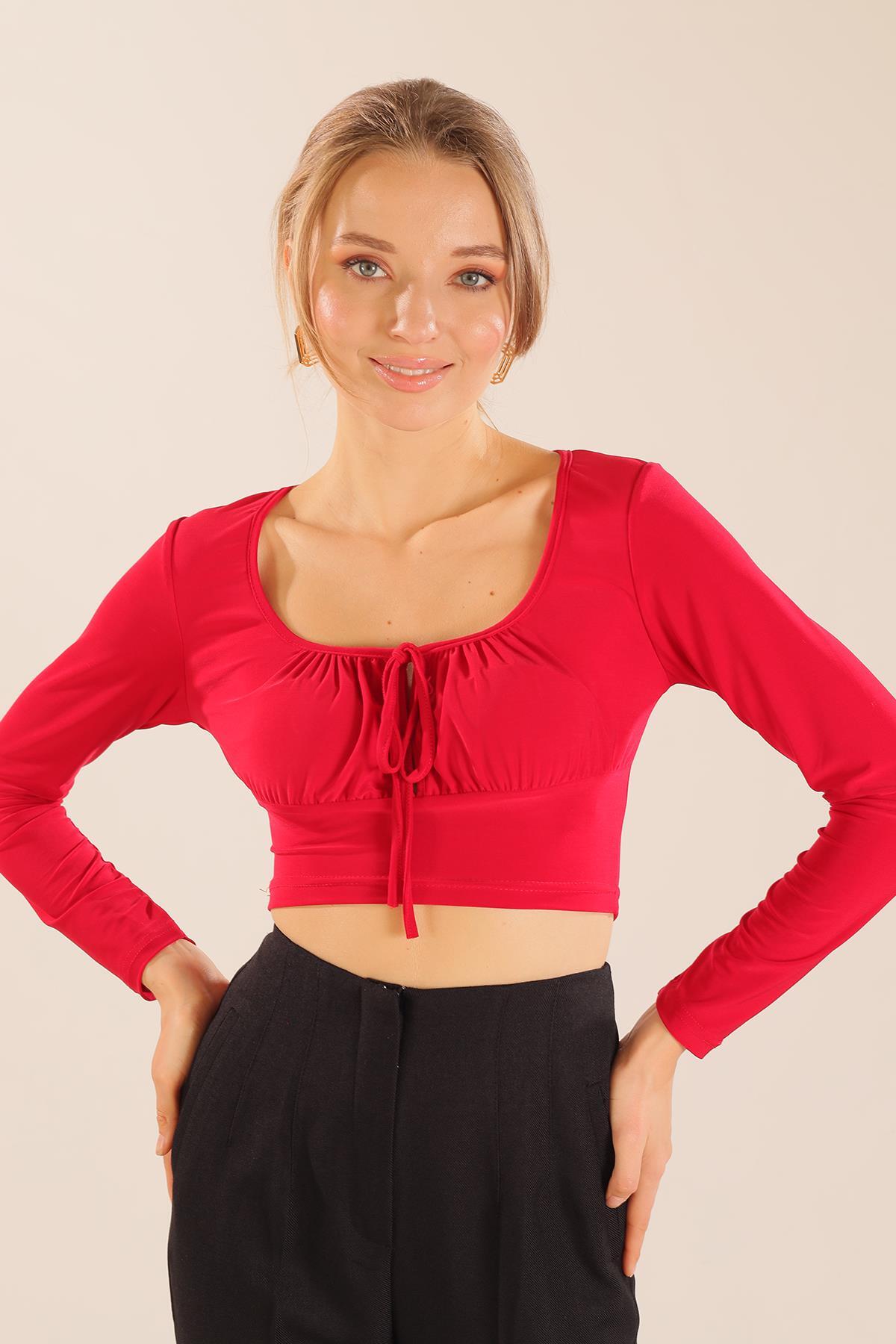 Kırmızı Ön Bağlama Detay Bluz 9900 - 1