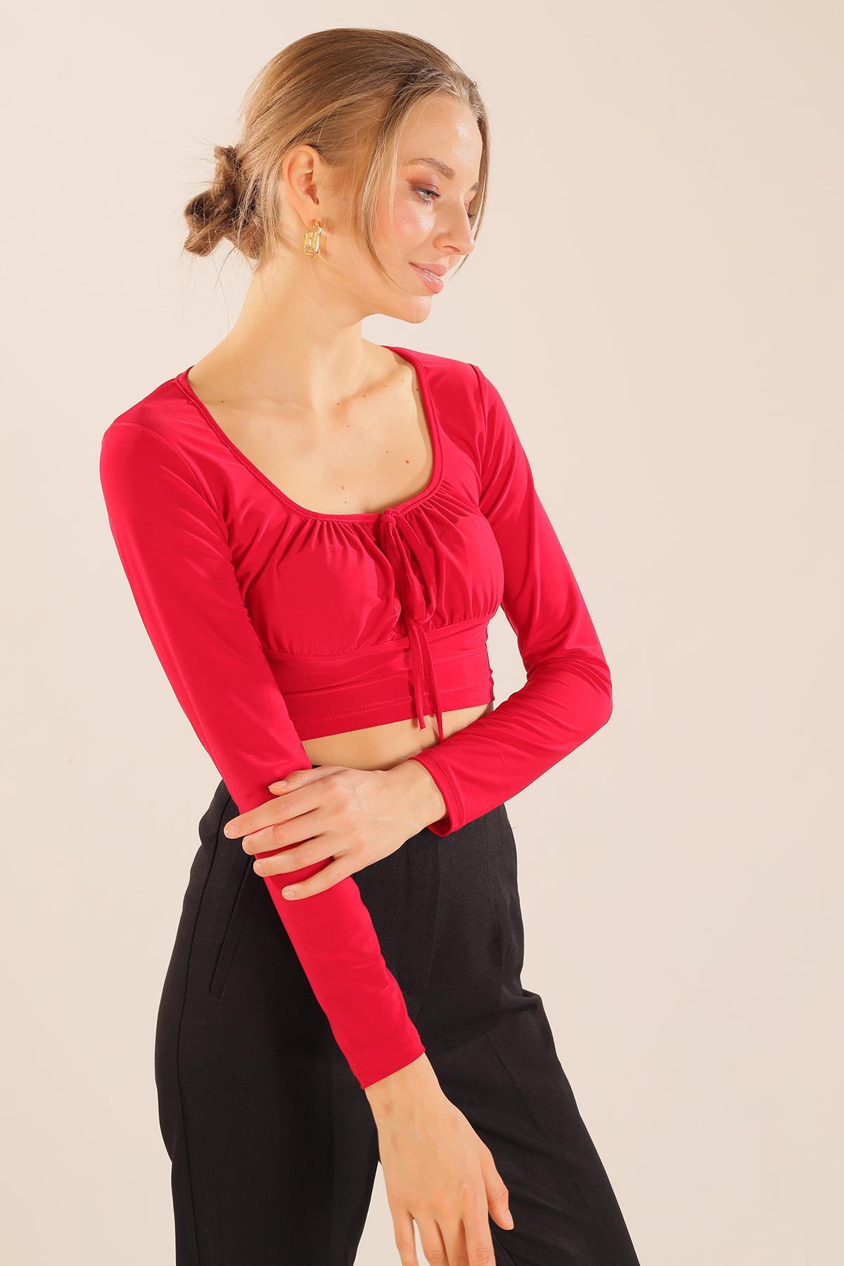 Kırmızı Ön Bağlama Detay Bluz 9900 - 2
