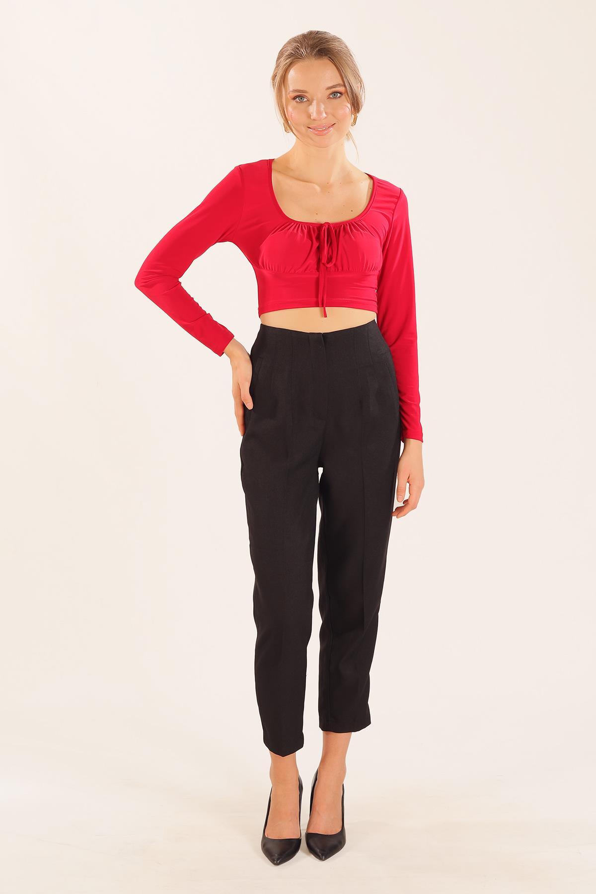 Kırmızı Ön Bağlama Detay Bluz 9900 - 6