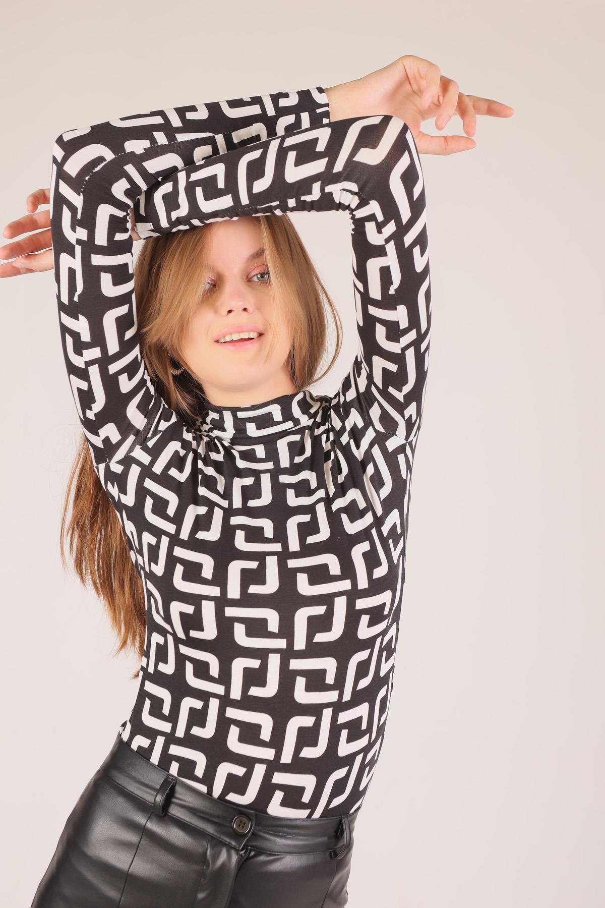 9901 Geometrik Desenli Bluz Siyah - 6
