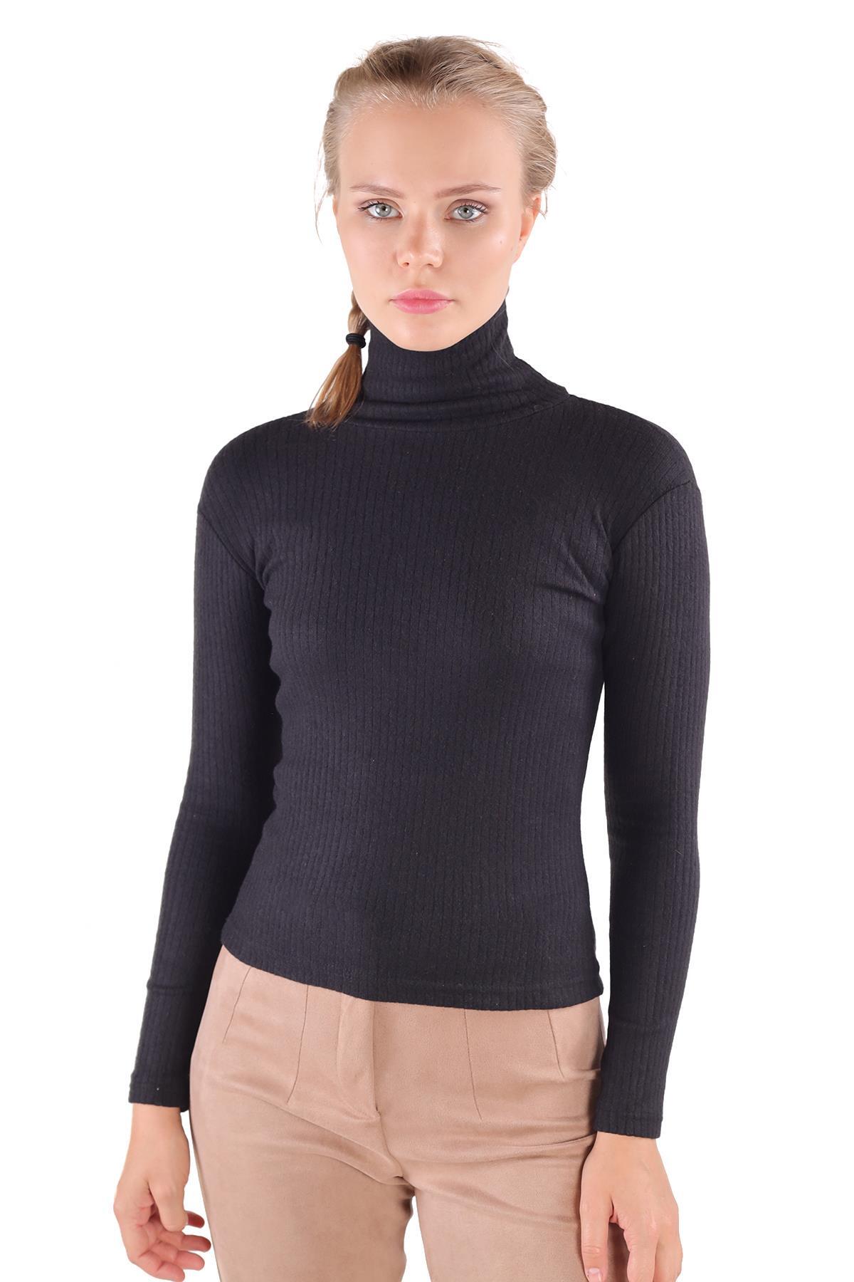 9902 Balıkçı Yaka Bluz Siyah - 1