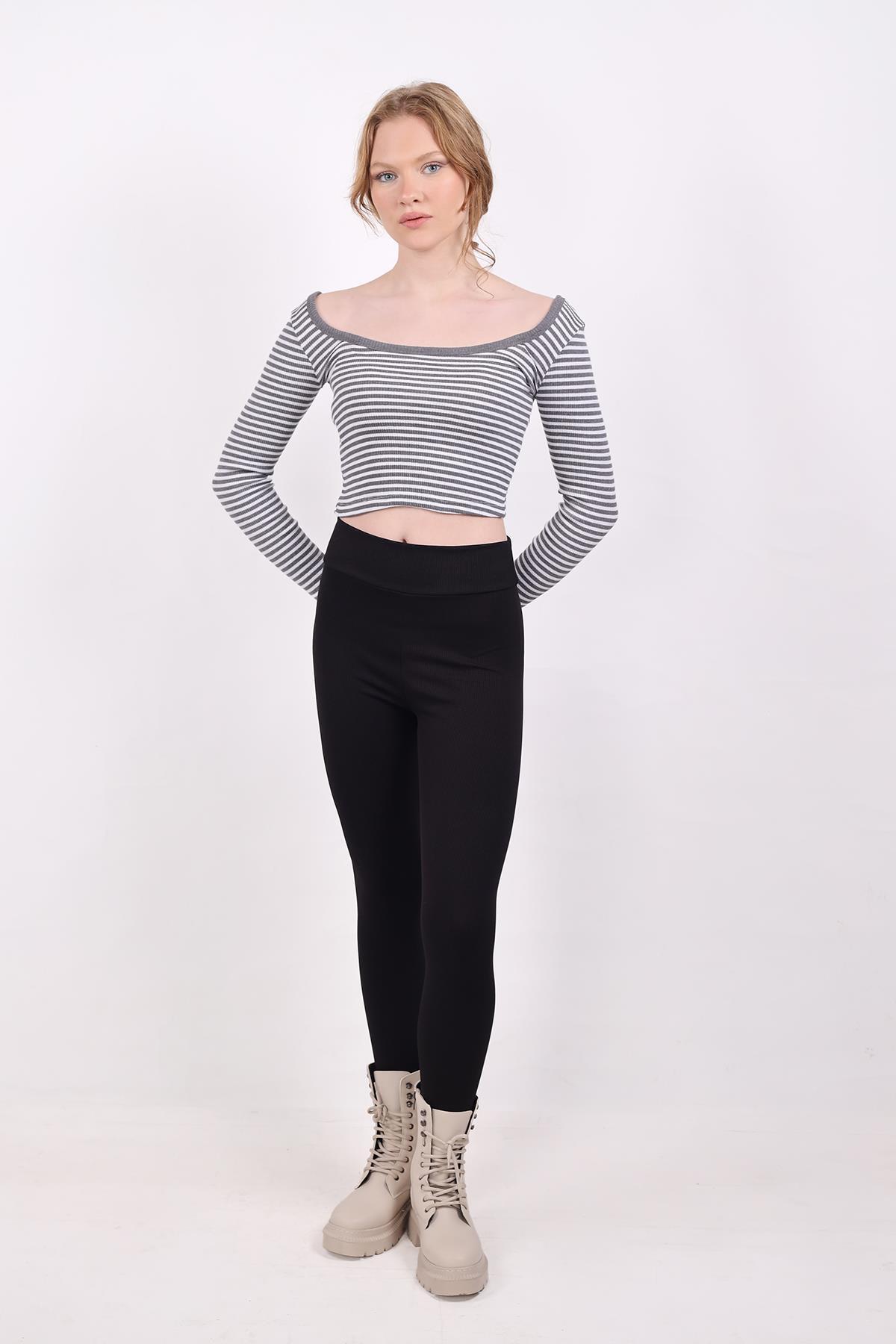 9904 Kare Yaka Çizgili Crop Bluz Gri - 7