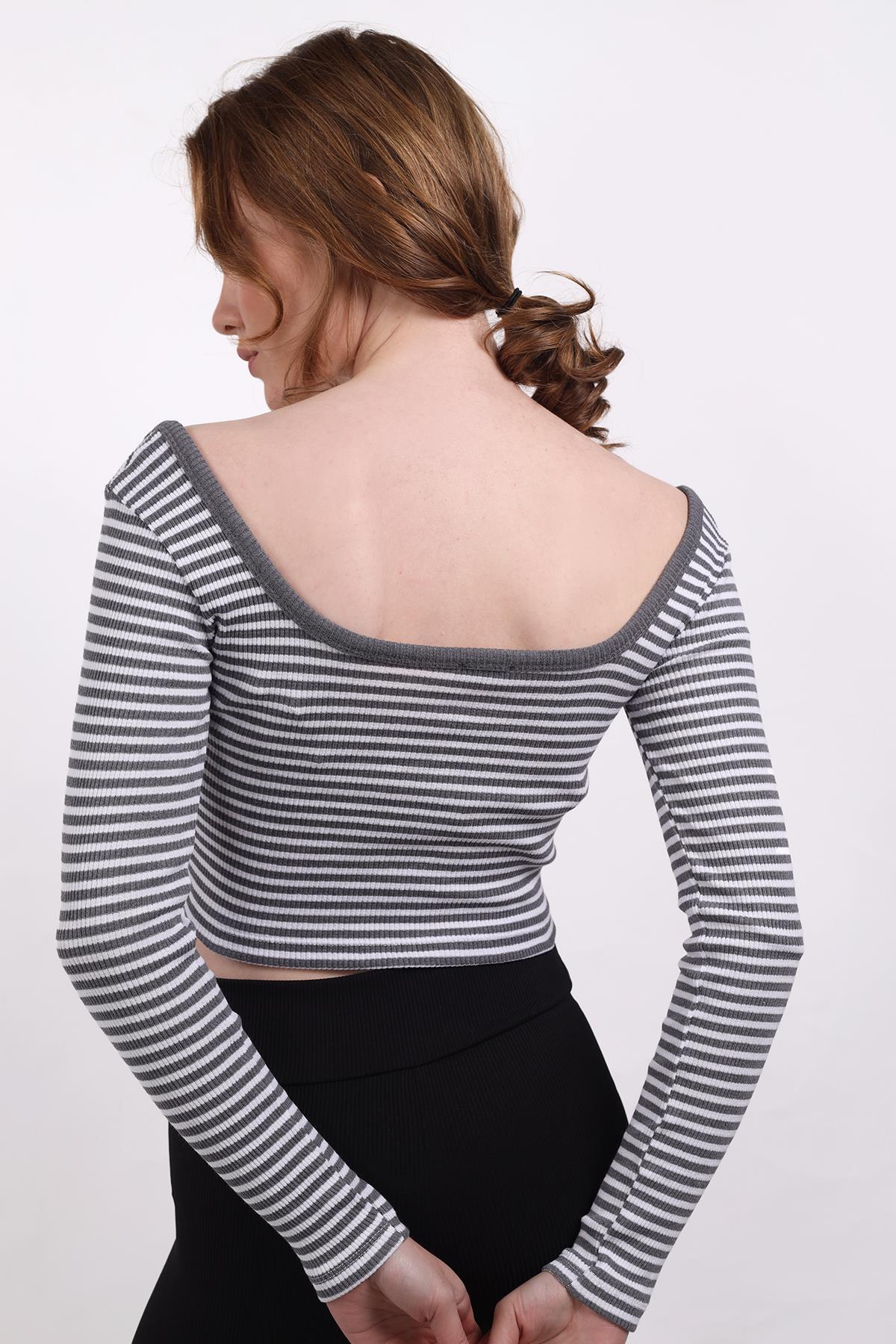9904 Kare Yaka Çizgili Crop Bluz Gri - 6