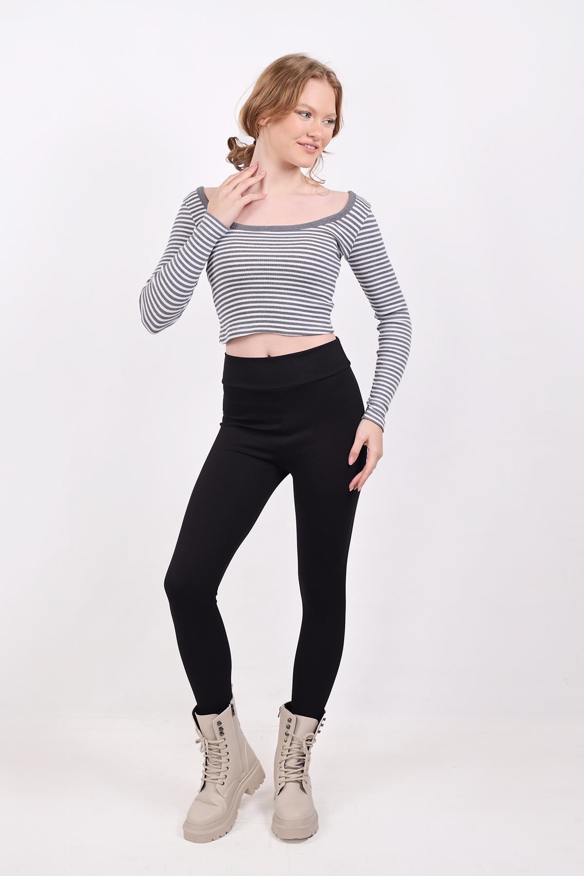 Kare Yaka Çizgili Crop Bluz 9904 Gri - RAYS