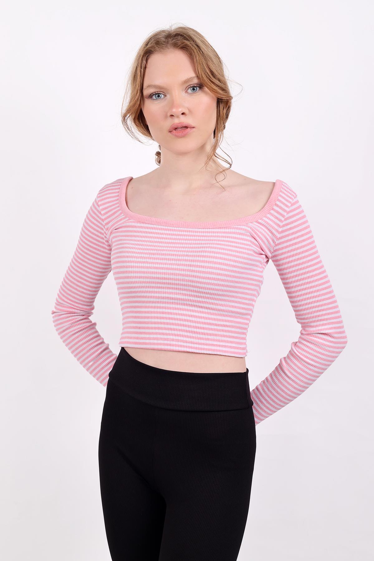 9904 Kare Yaka Çizgili Crop Bluz Pembe 