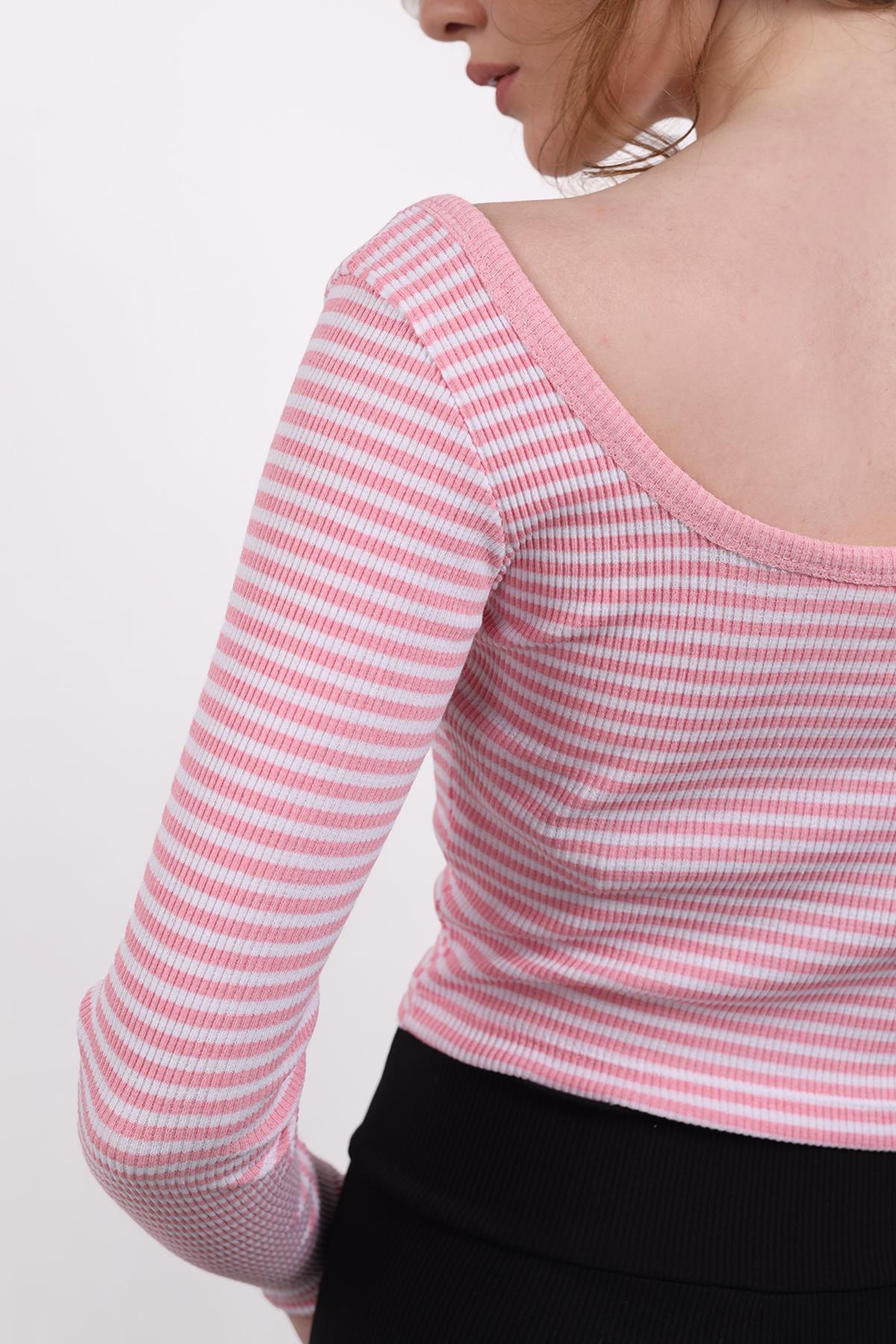 Pembe Kare Yaka Çizgili Crop Bluz 9904 - 5