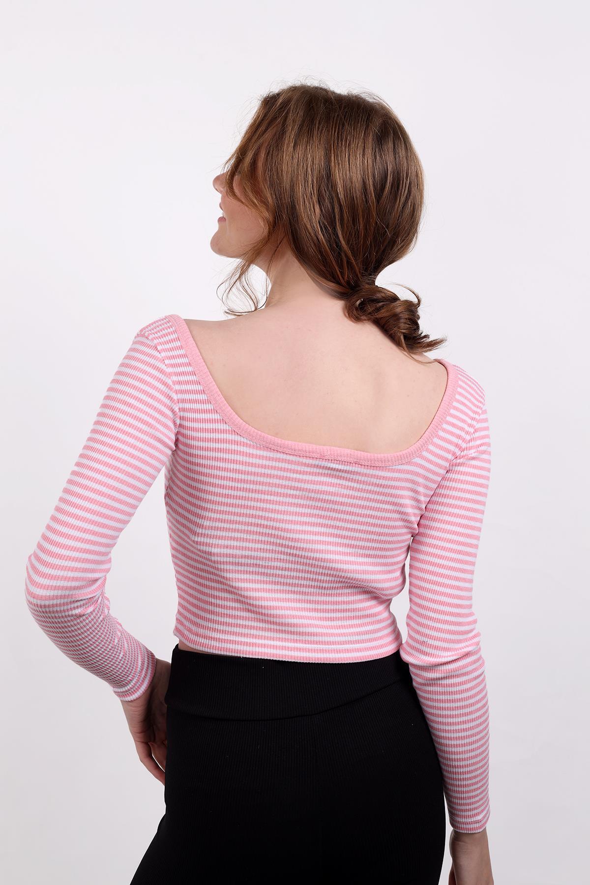 Pembe Kare Yaka Çizgili Crop Bluz 9904 - 6