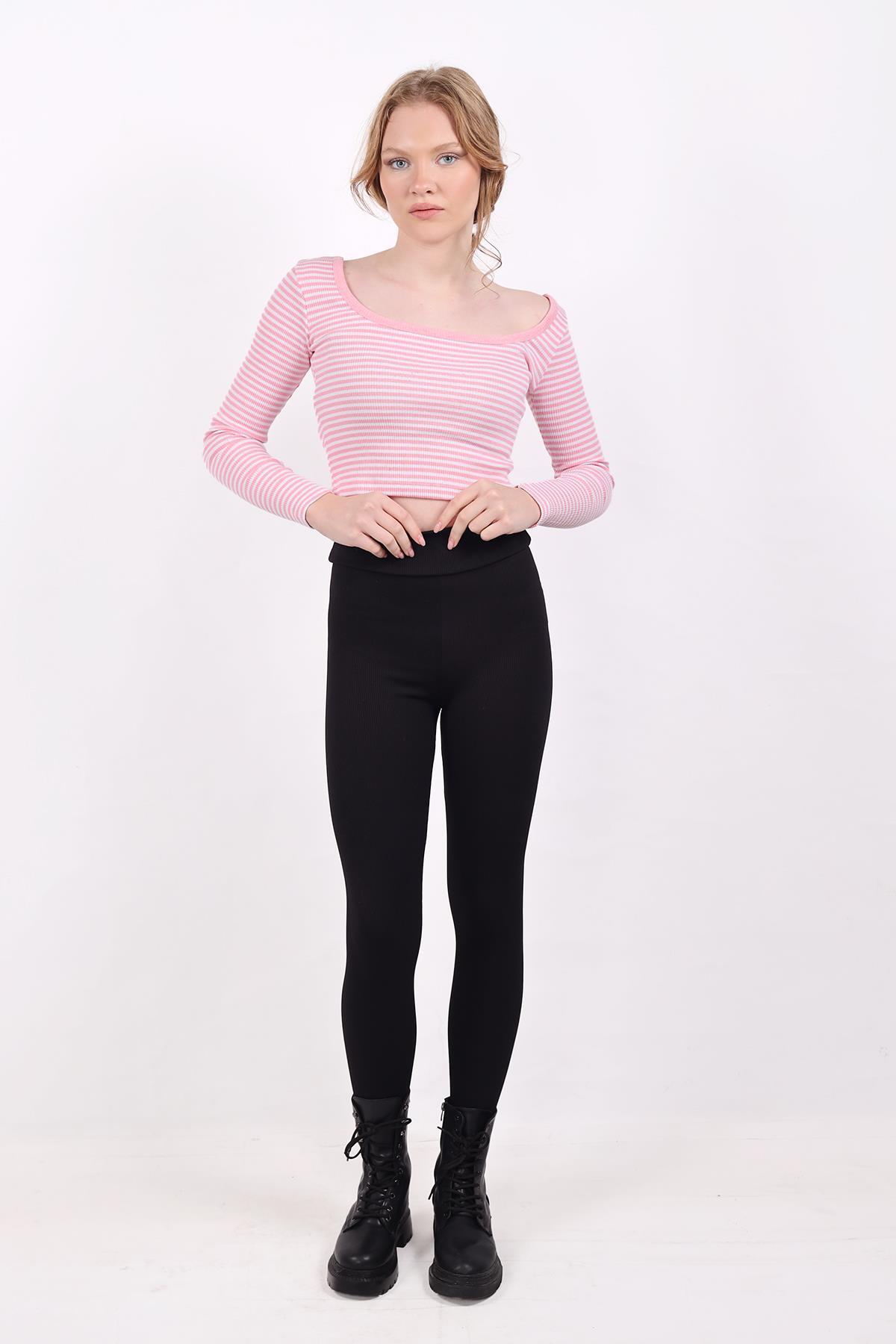 Kare Yaka Çizgili Crop Bluz 9904 Pembe - RAYS