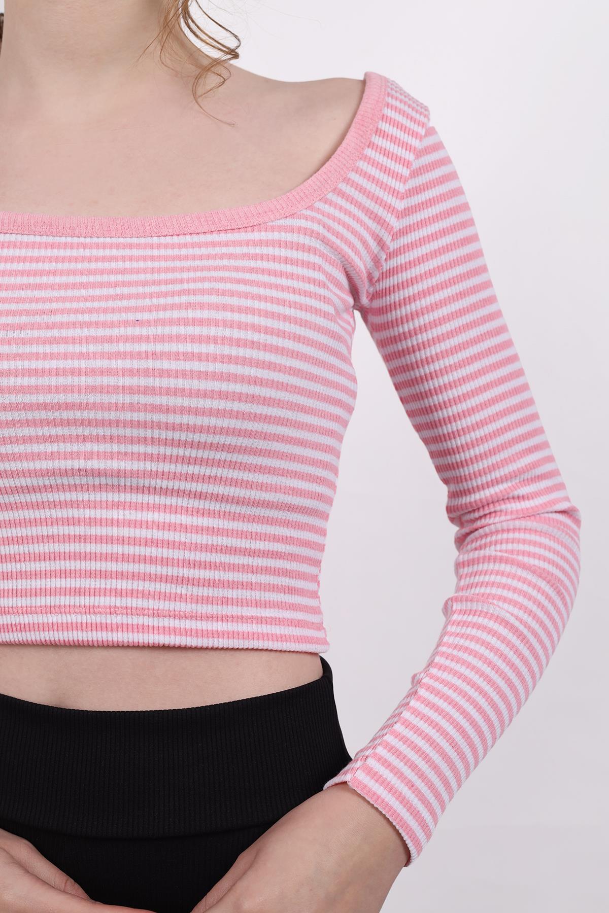 Kare Yaka Çizgili Crop Bluz 9904 Pembe - RAYS