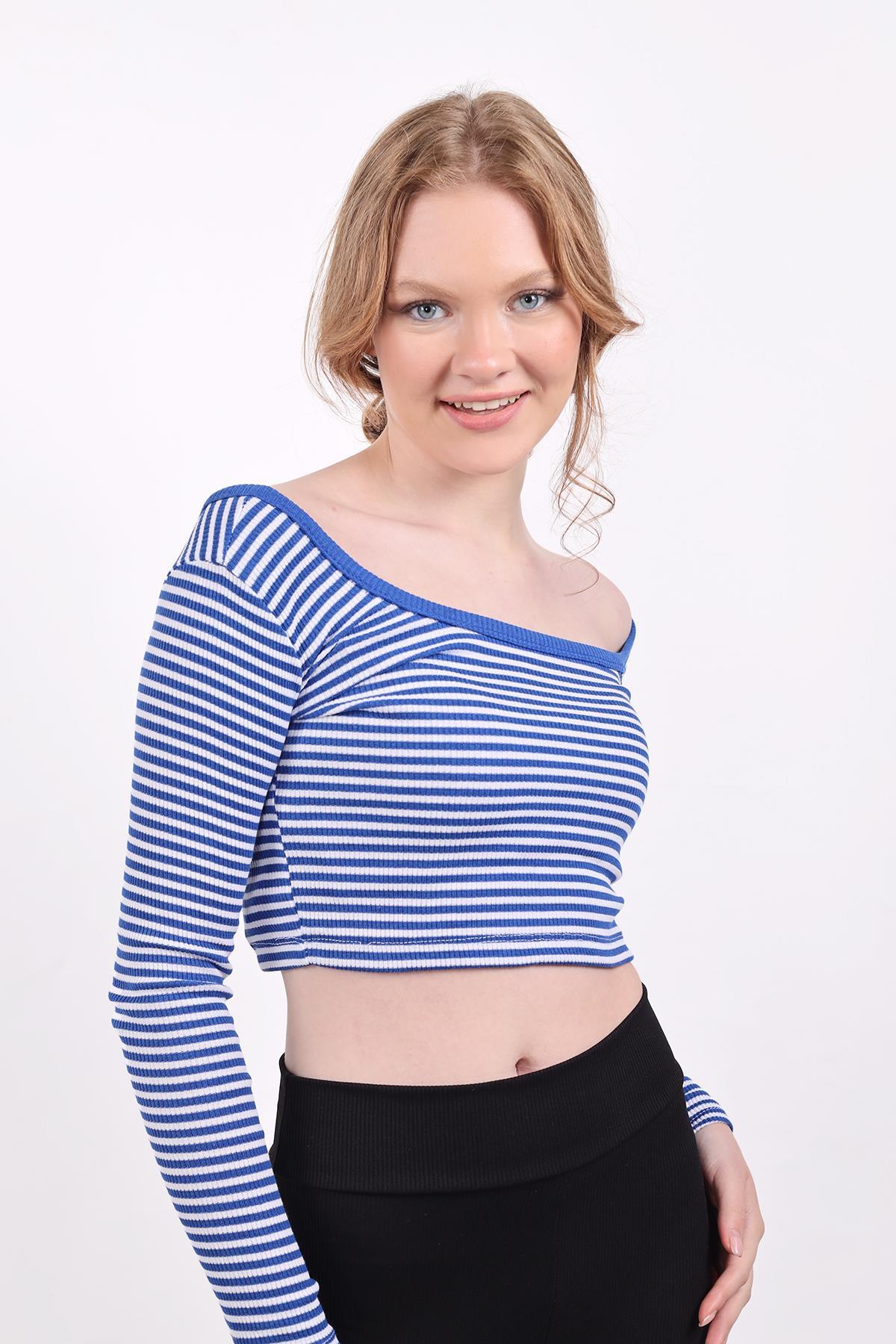 9904 Kare Yaka Çizgili Crop Bluz Saks - 1