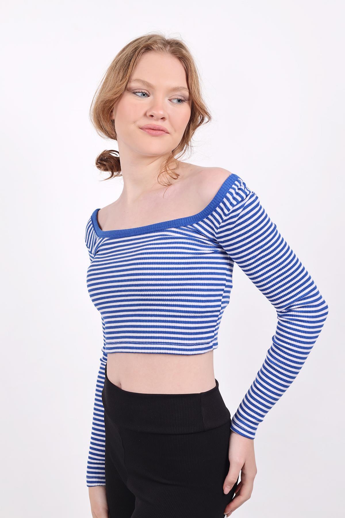 9904 Kare Yaka Çizgili Crop Bluz Saks - 3