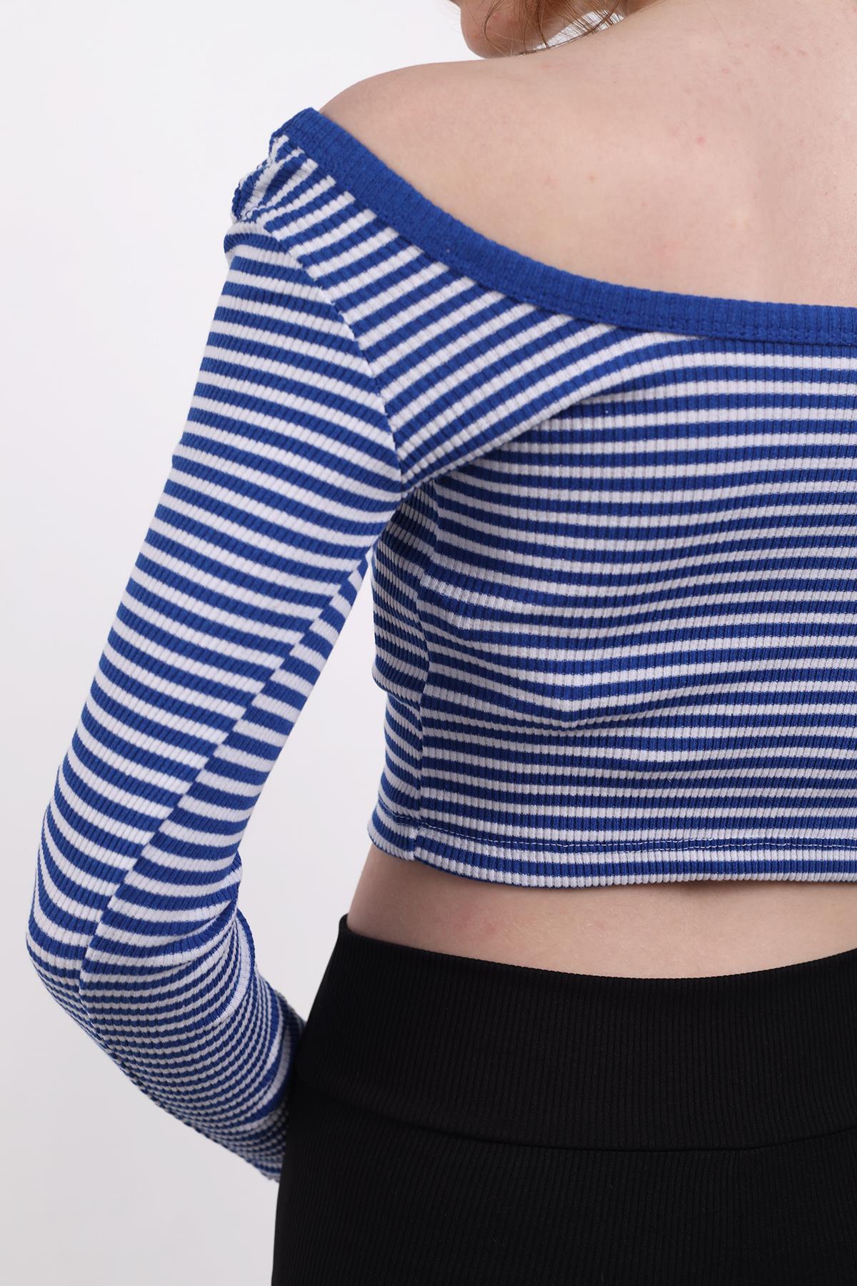 9904 Kare Yaka Çizgili Crop Bluz Saks - 5