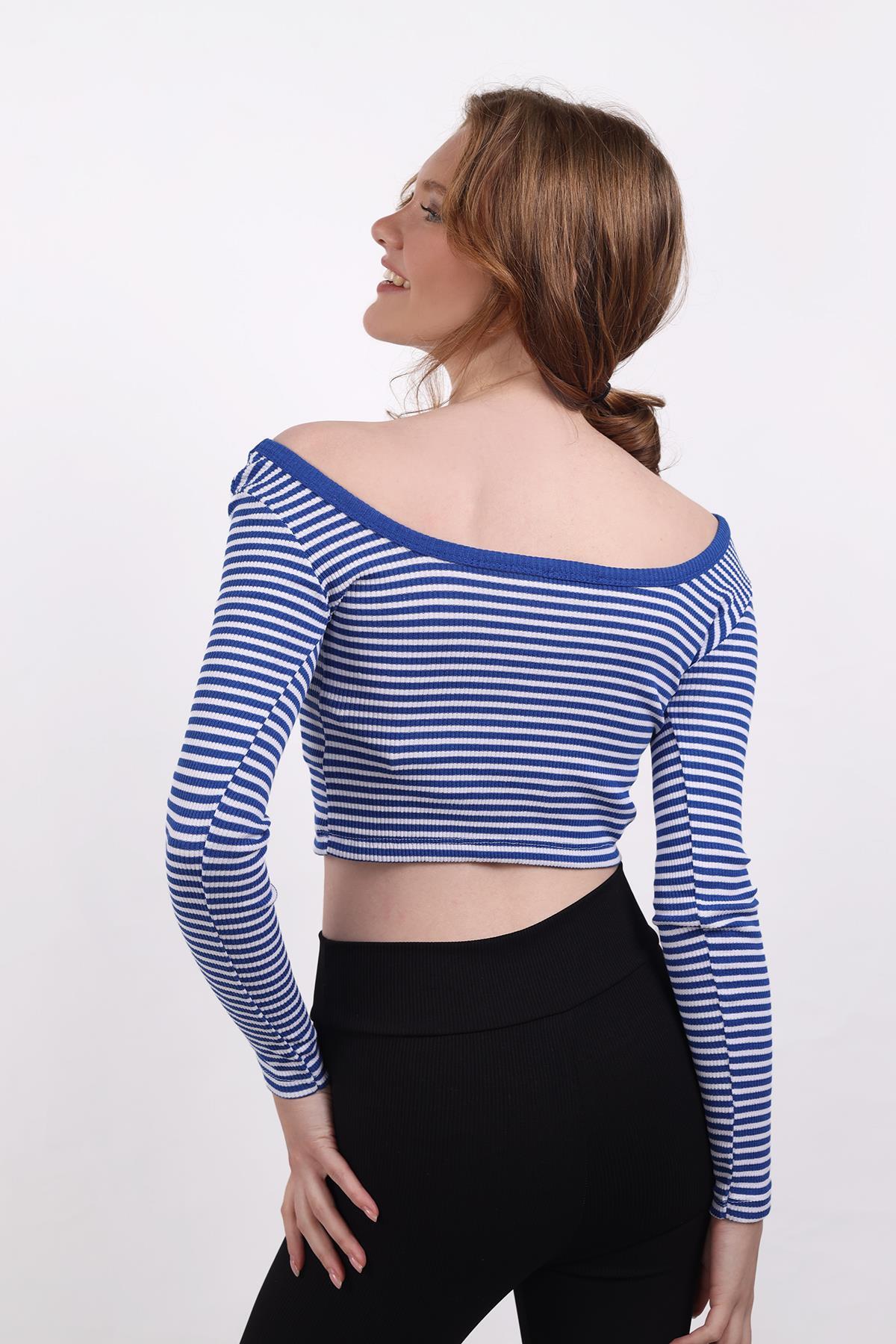 9904 Kare Yaka Çizgili Crop Bluz Saks - 6