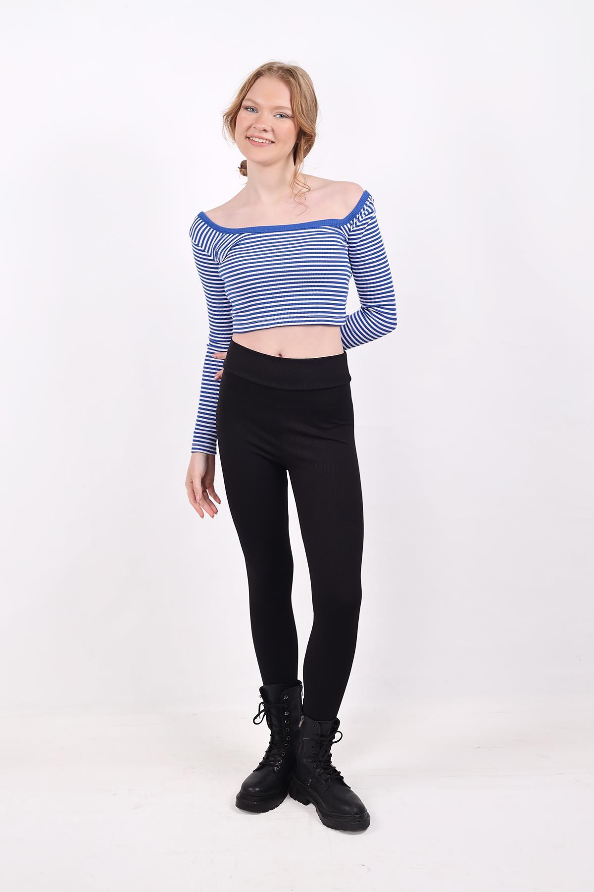 9904 Kare Yaka Çizgili Crop Bluz Saks - 7