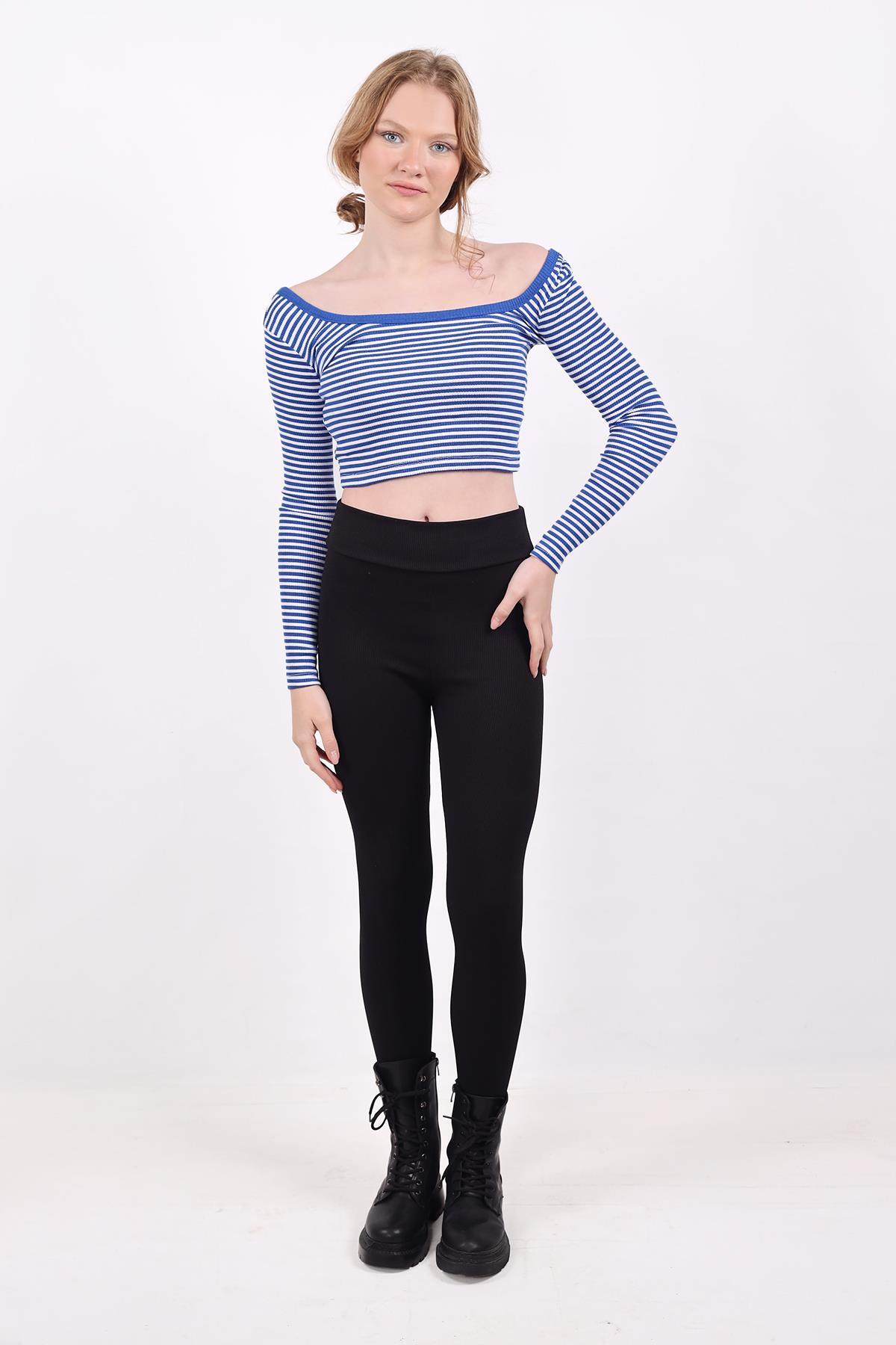 Kare Yaka Çizgili Crop Bluz 9904 Saks - RAYS