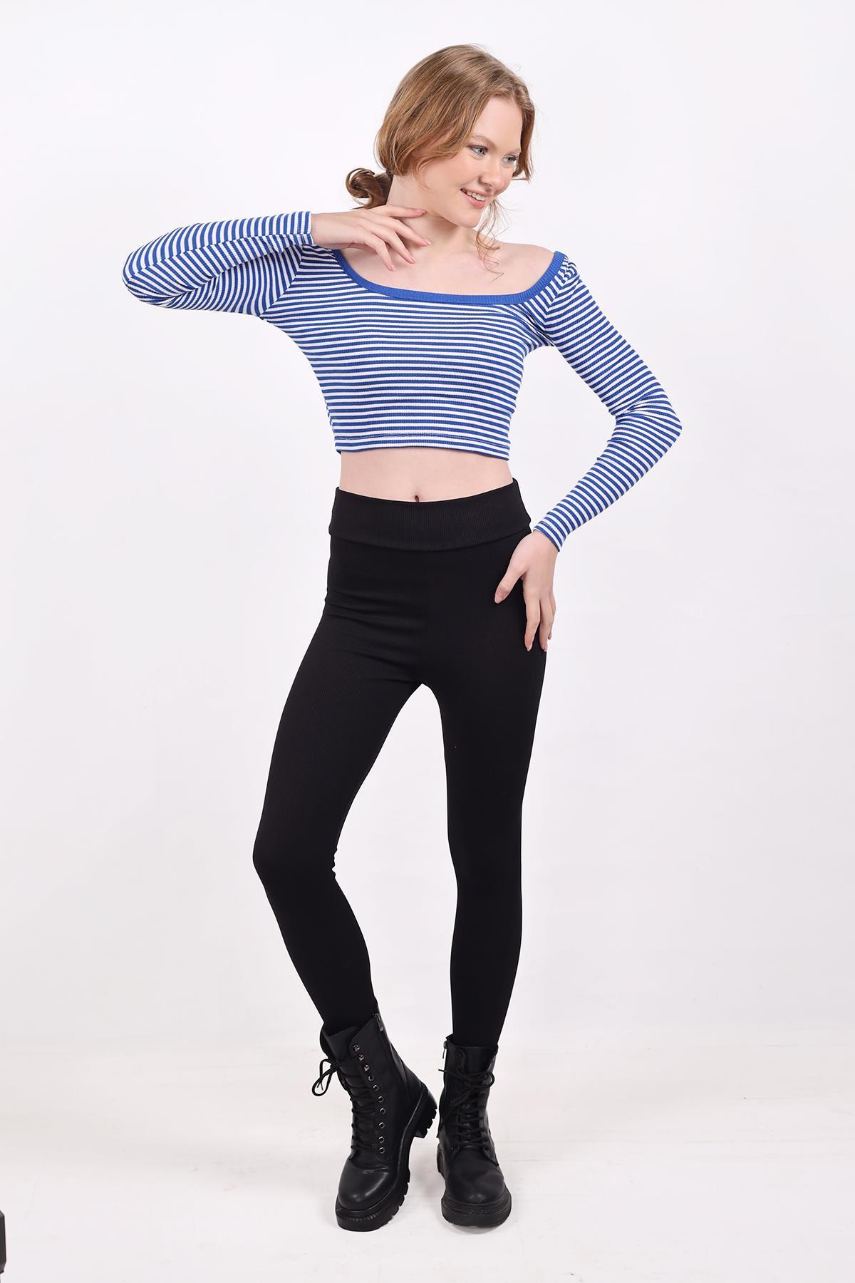 Kare Yaka Çizgili Crop Bluz 9904 Saks - 8