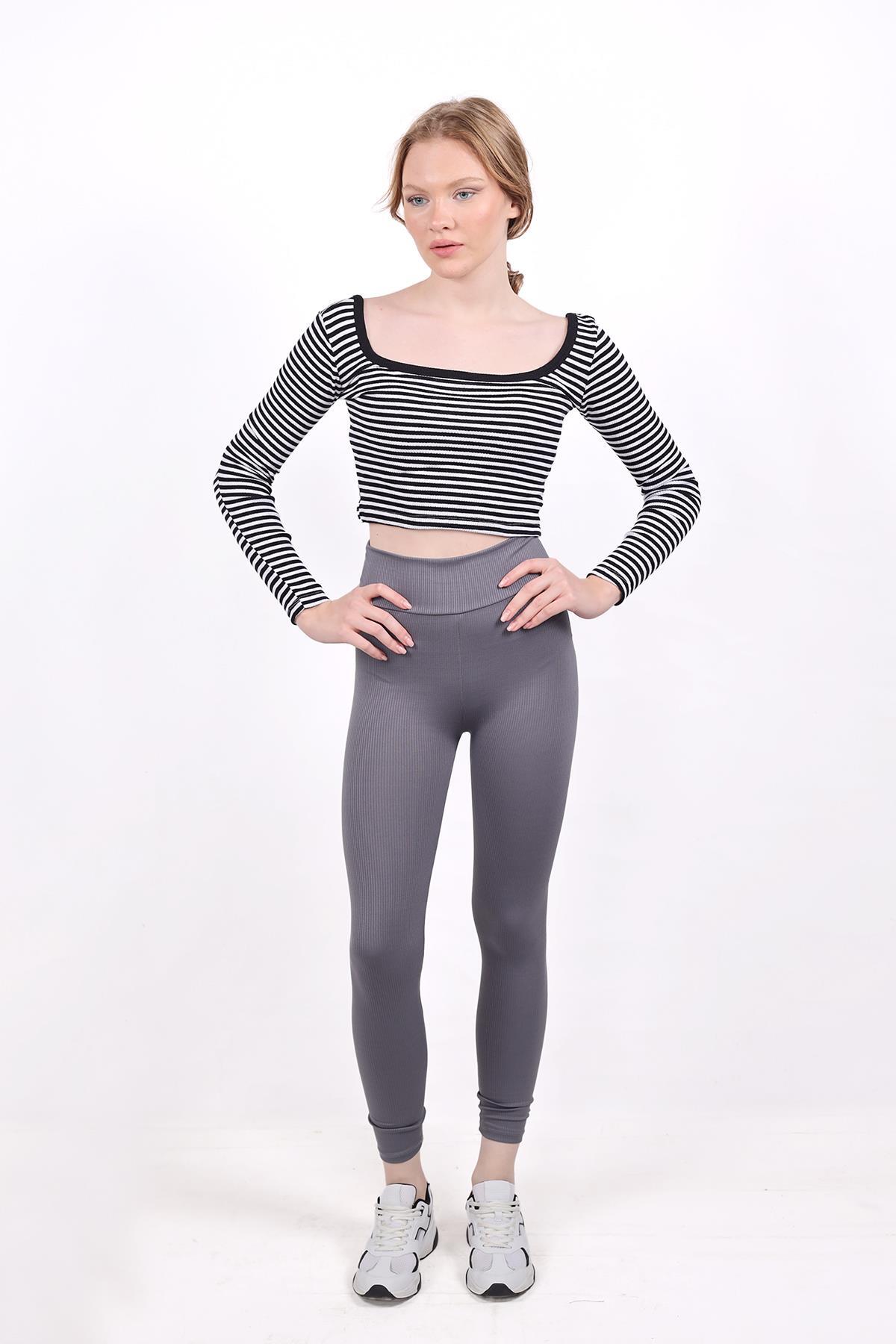 9904 Kare Yaka Çizgili Crop Bluz Siyah - 6