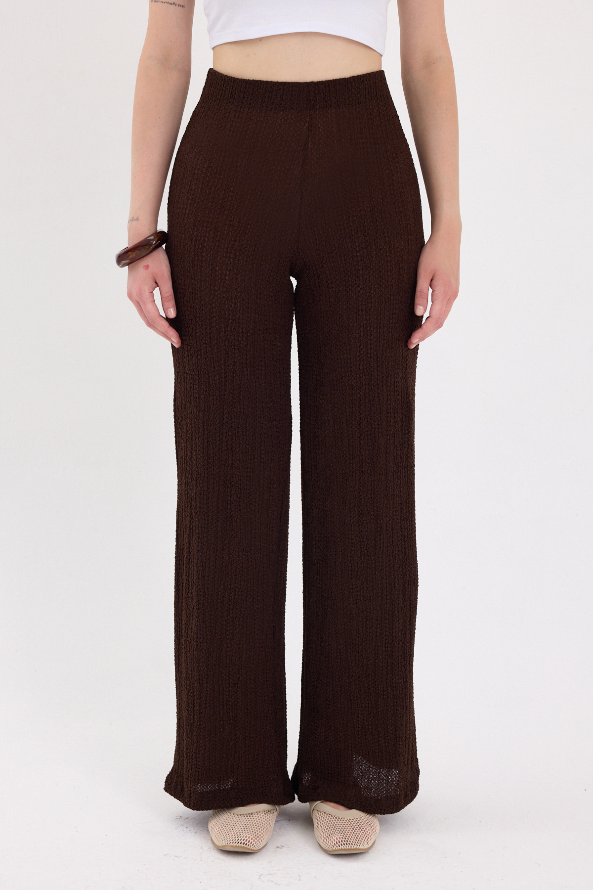 Acı Kahve Bol Paça Bel Lastikli Bürümcük Kumaş Pantolon 2466 - 1