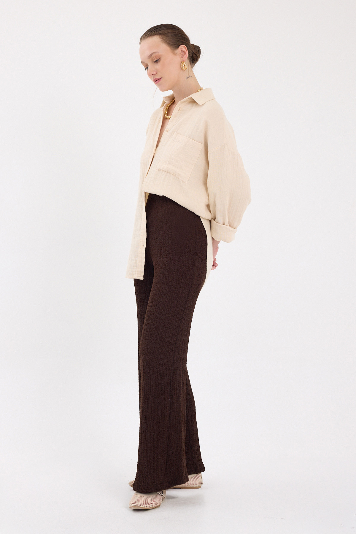 Acı Kahve Bol Paça Bel Lastikli Bürümcük Kumaş Pantolon 2466 - 6