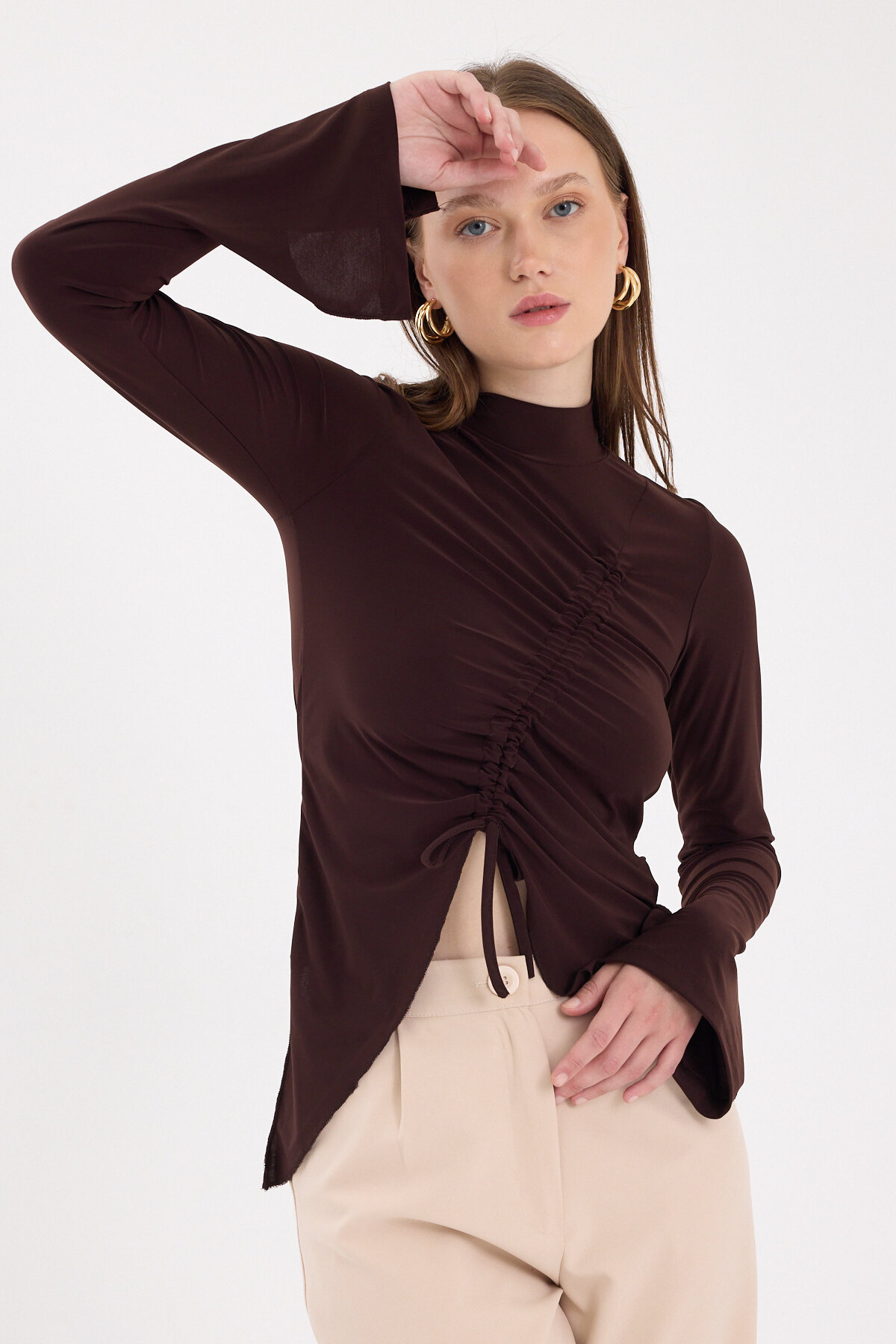 Acı Kahve Büzgü Detaylı Balıkçı Yaka Bluz 2458 - RAYS