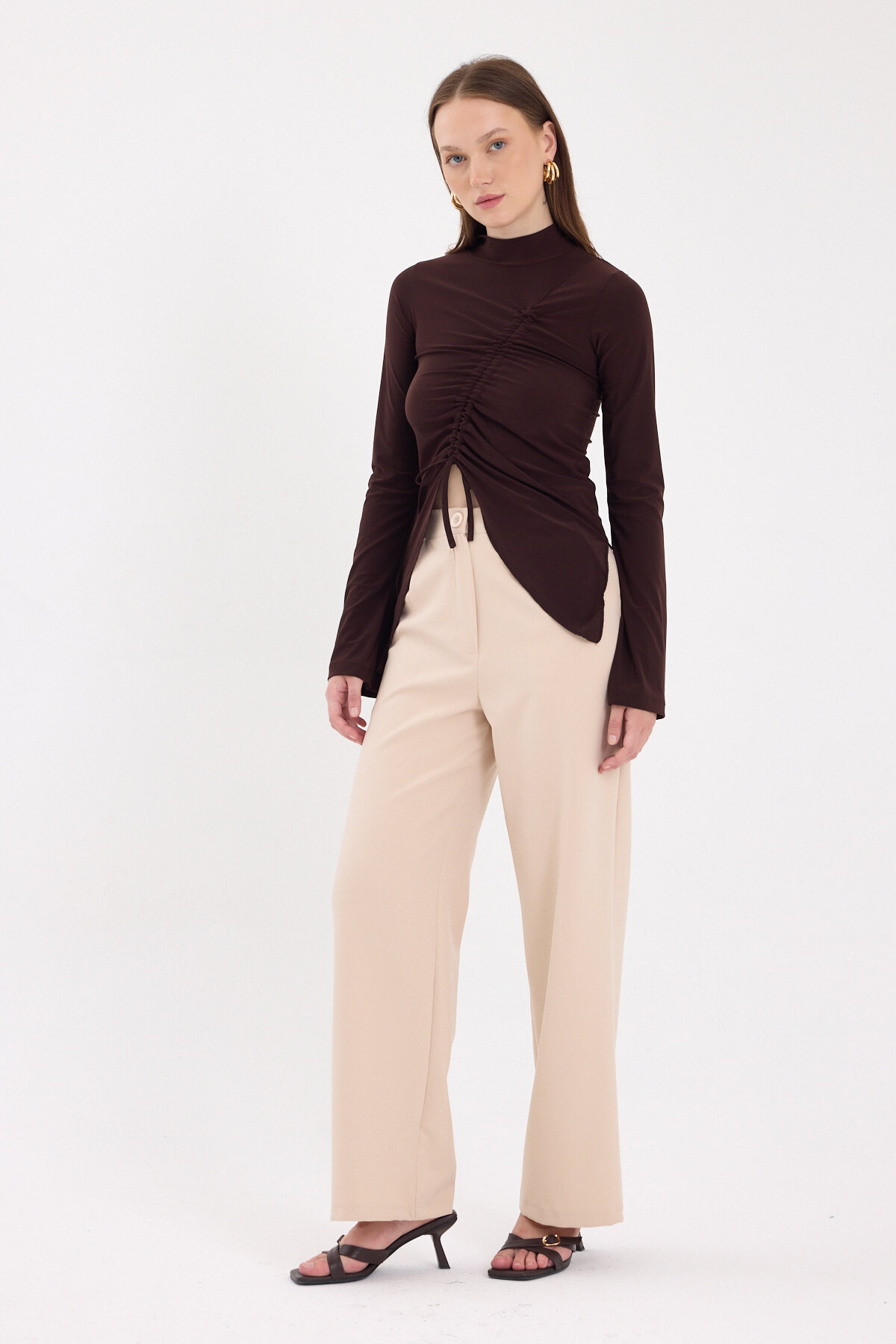 Acı Kahve Büzgü Detaylı Balıkçı Yaka Bluz 2458 - 3