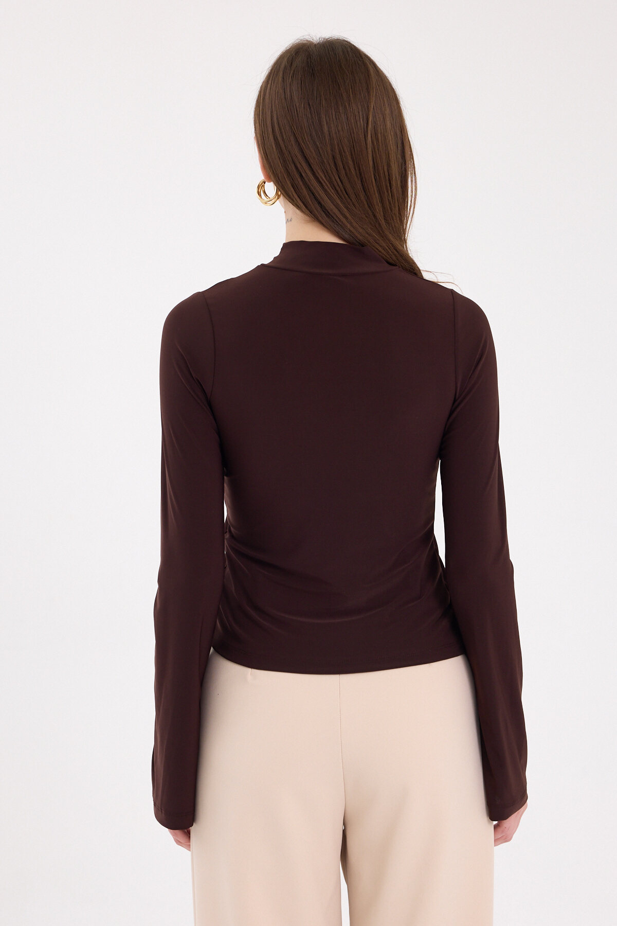 Acı Kahve Büzgü Detaylı Balıkçı Yaka Bluz 2458 - 5
